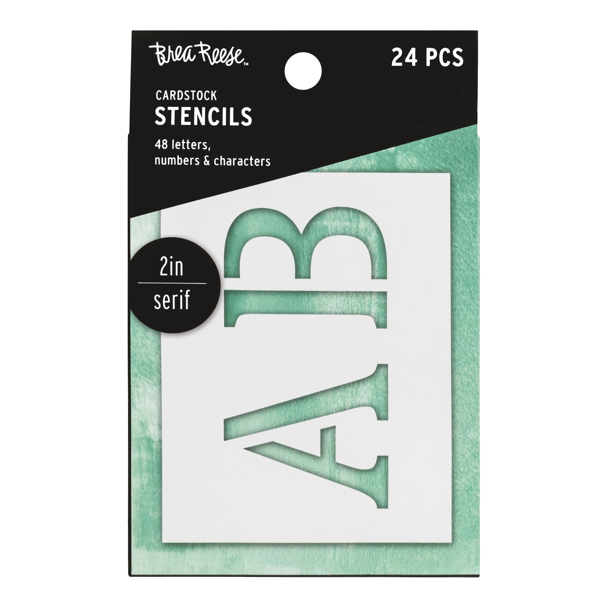 Package of 24 teal-colored cardstock stencil letters, numbers, and characters with a 2-inch serif style.