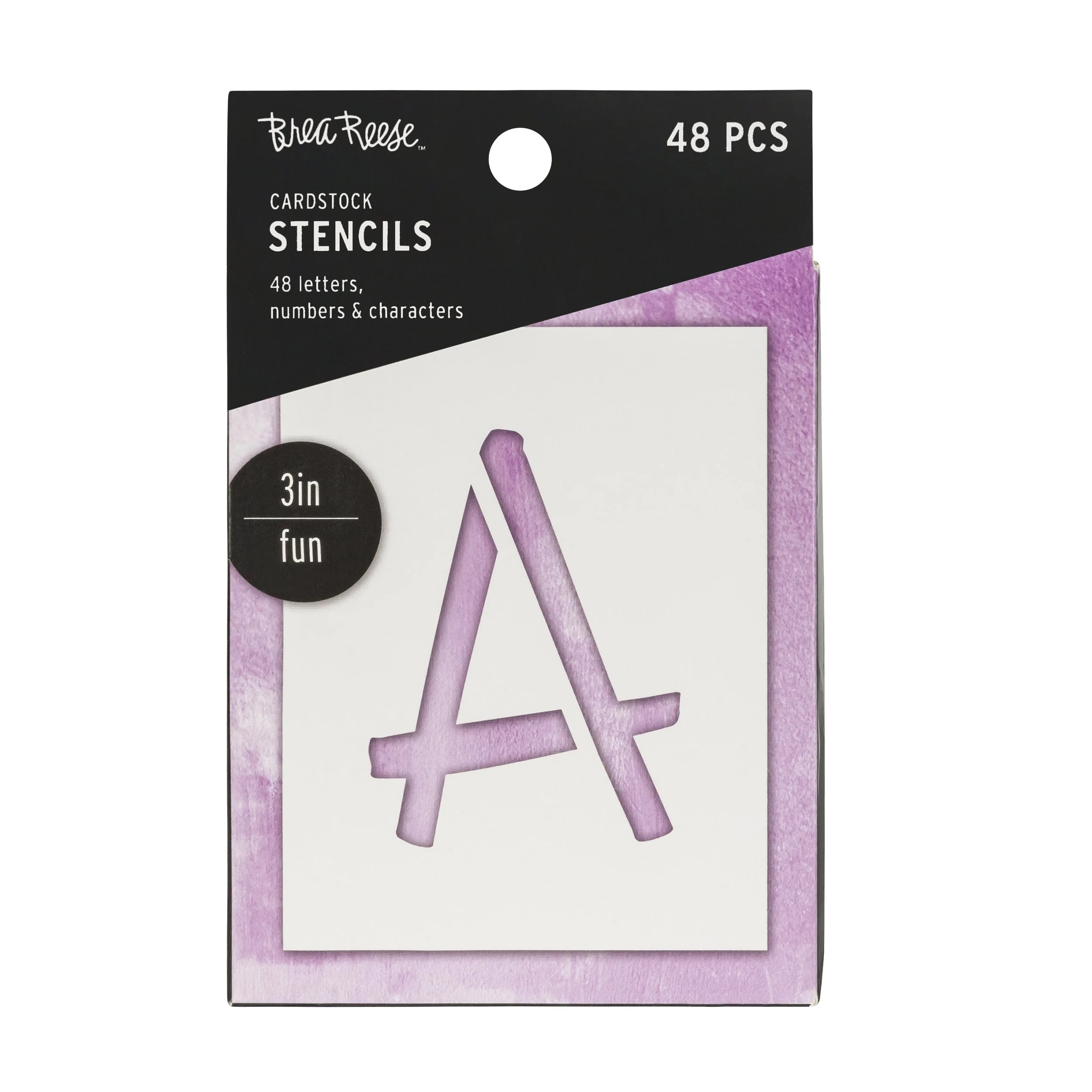 A pack of 48 letter, number, and character stencils with purple five and three letter A shapes, designed for 3-inch craft projects.