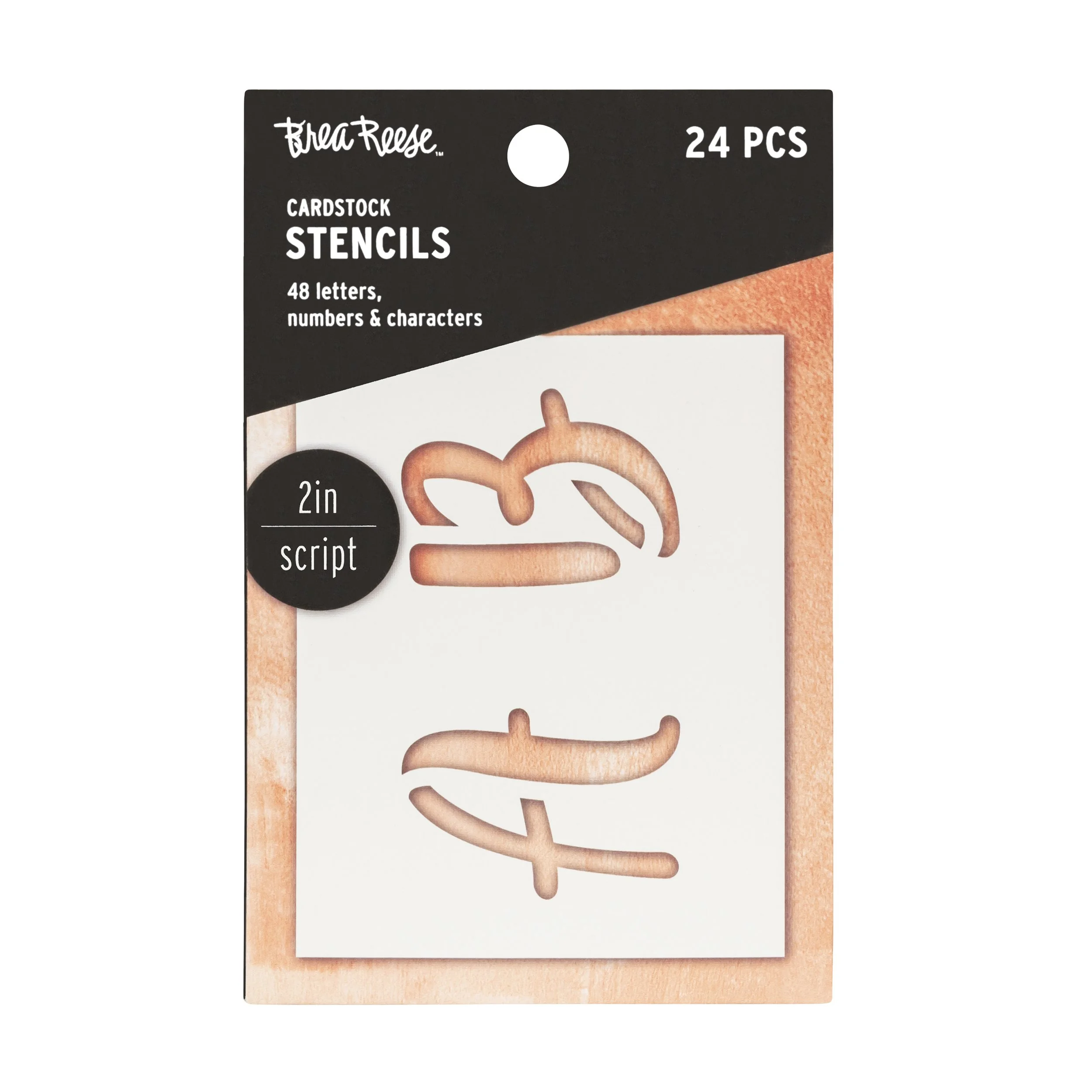 Package of ThreaReese cardstock stencils with 24 pieces, including 48 letters, numbers, and characters, featuring two-inch script fonts.