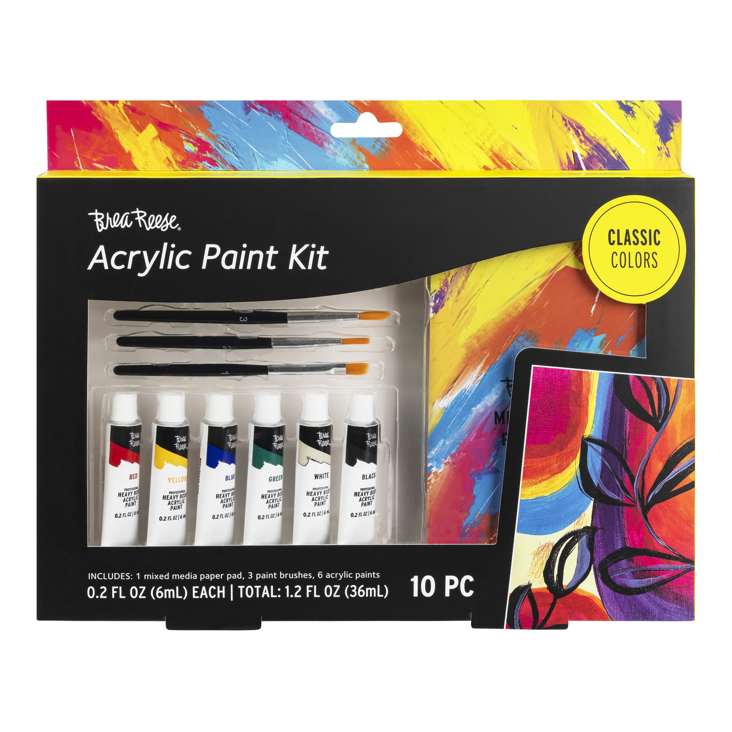 A box of Bria Reese acrylic paint kit with six tubes of paint in red, yellow, blue, green, white, and black, along with three paintbrushes and mixed media paper, labeled as classic colors.