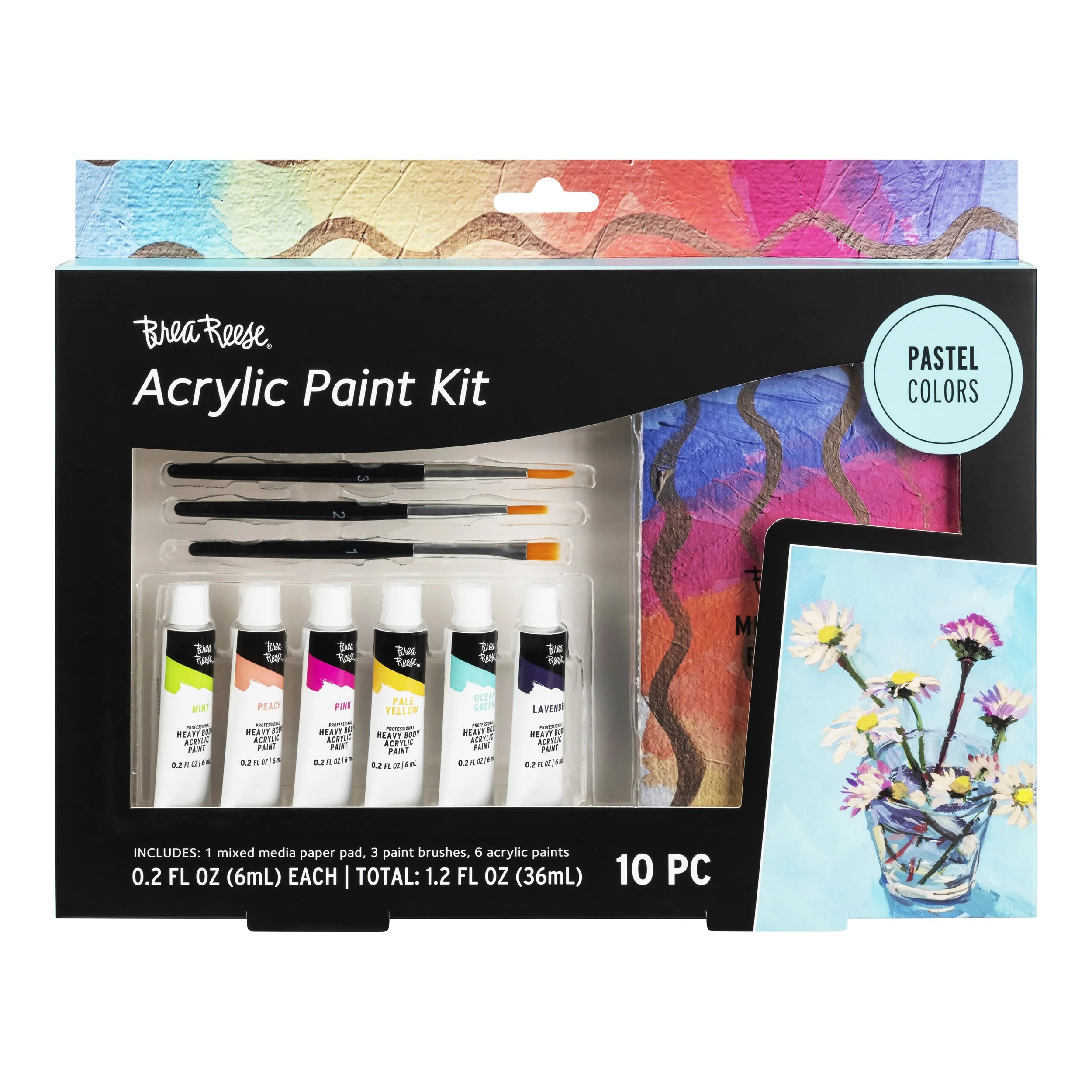 Brea Reese acrylic paint kit with six tubes of pastel colors, three paintbrushes, and a mixed media paper pad.