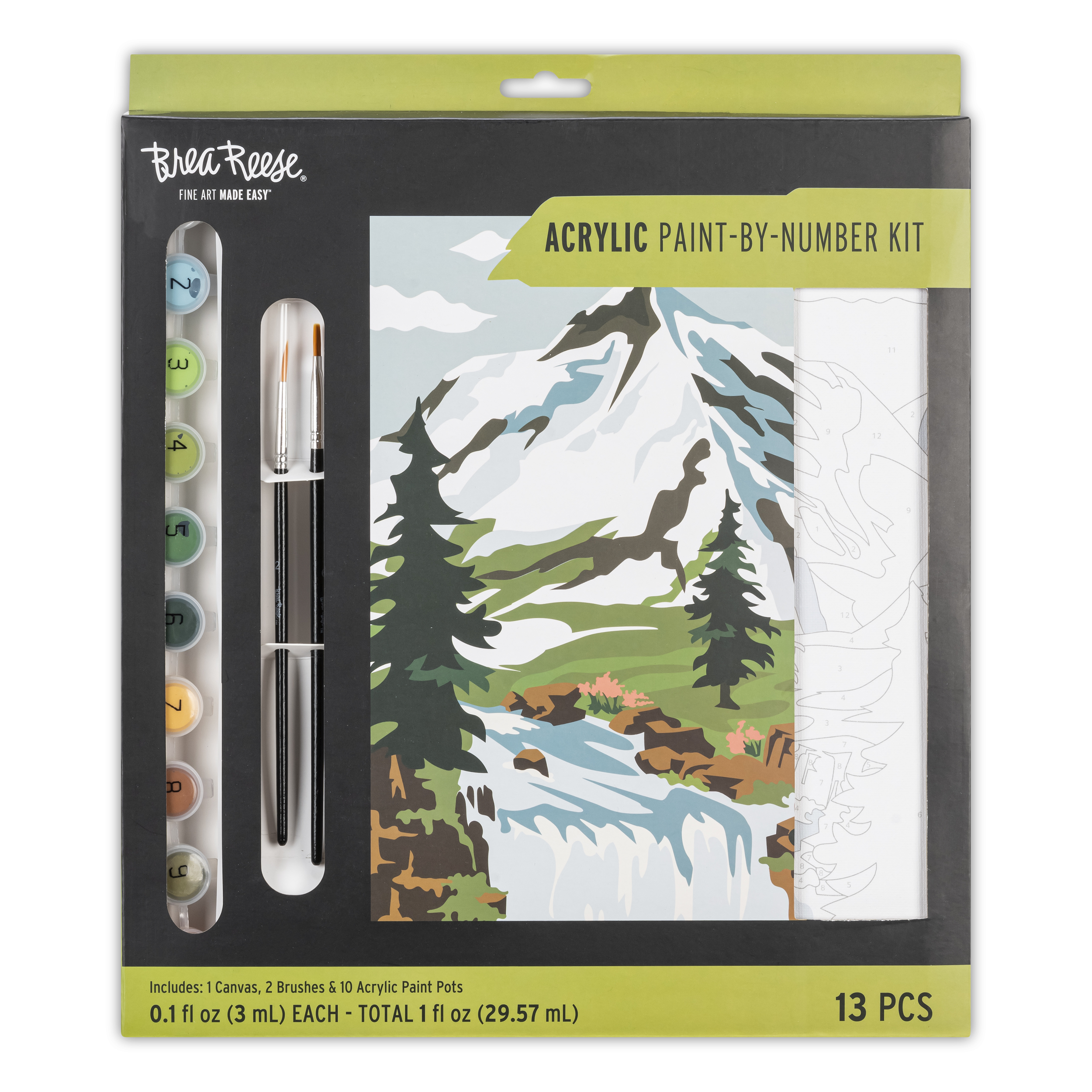 A Bear Rugge acrylic paint-by-number kit package with a scenic mountain and forest design, including paint pots, brushes, and a canvas.