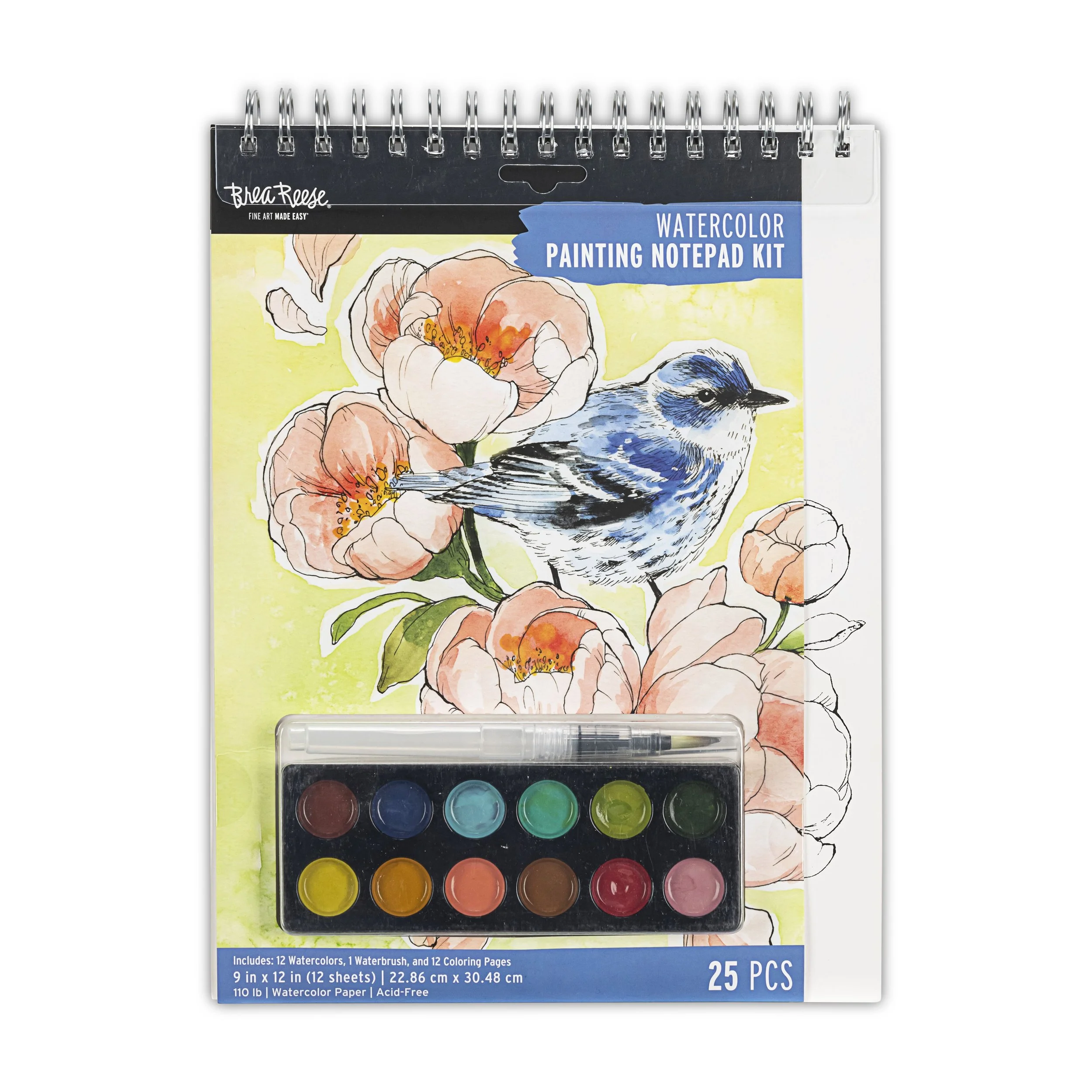 Watercolor painting notepad kit featuring a bluebird perched on peach-colored flowers with watercolor paints and coloring pages at the bottom.