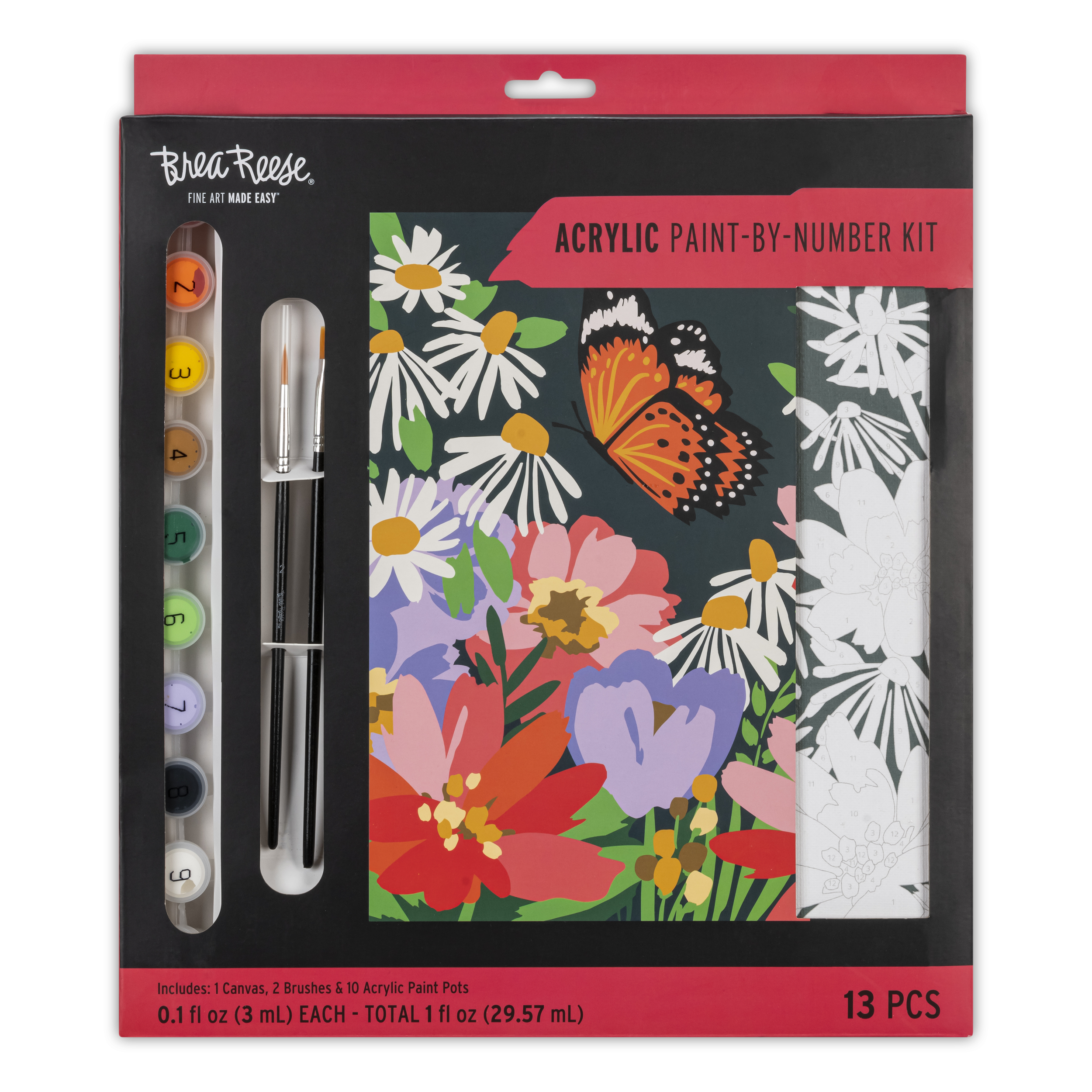 A paint-by-number kit with various acrylic paint pots, two paintbrushes, a canvas, and a color guide, featuring a floral and butterfly design.