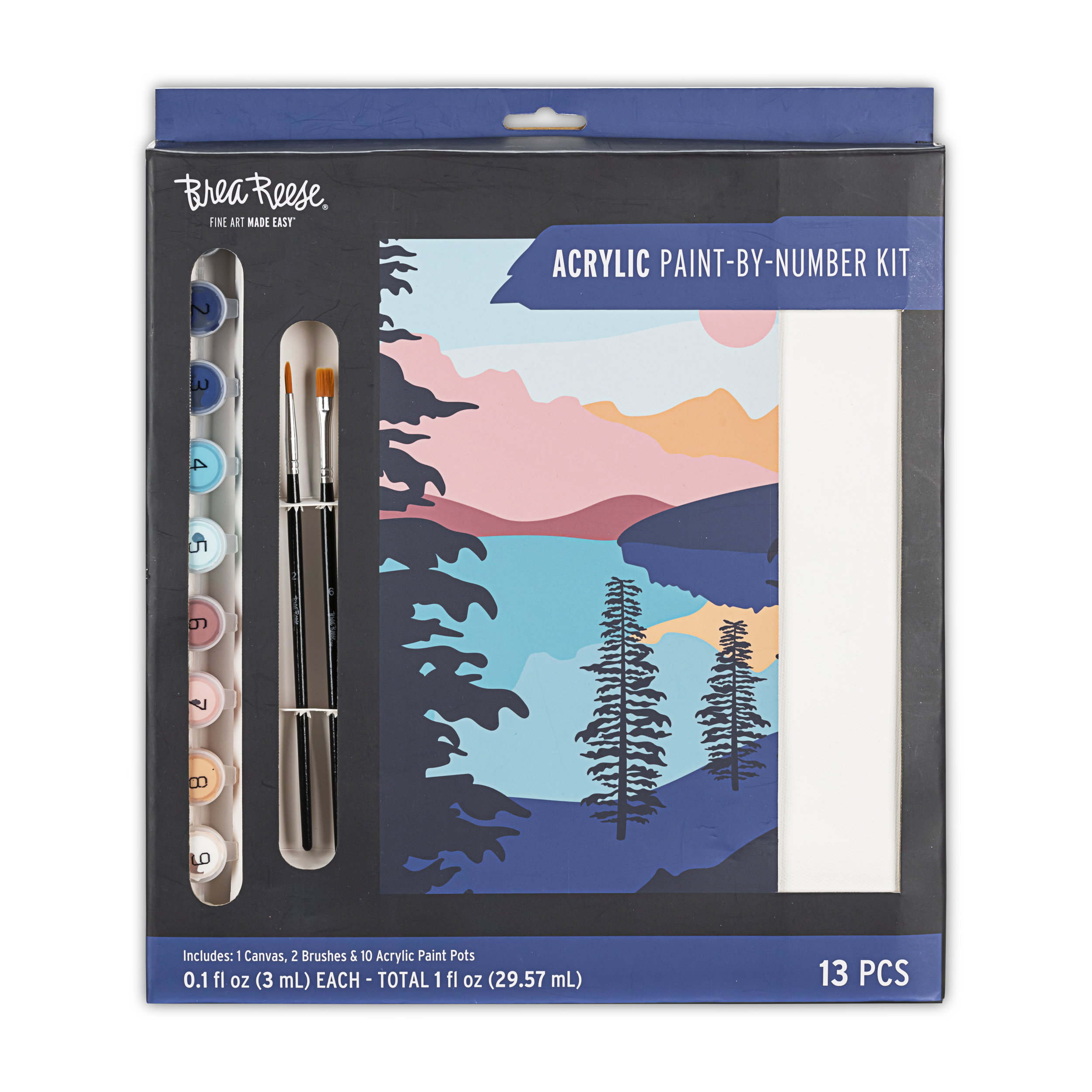 Paint-by-number kit with canvas, brushes, and acrylic paints depicting a stylized mountain landscape with trees, water, and a setting sun.