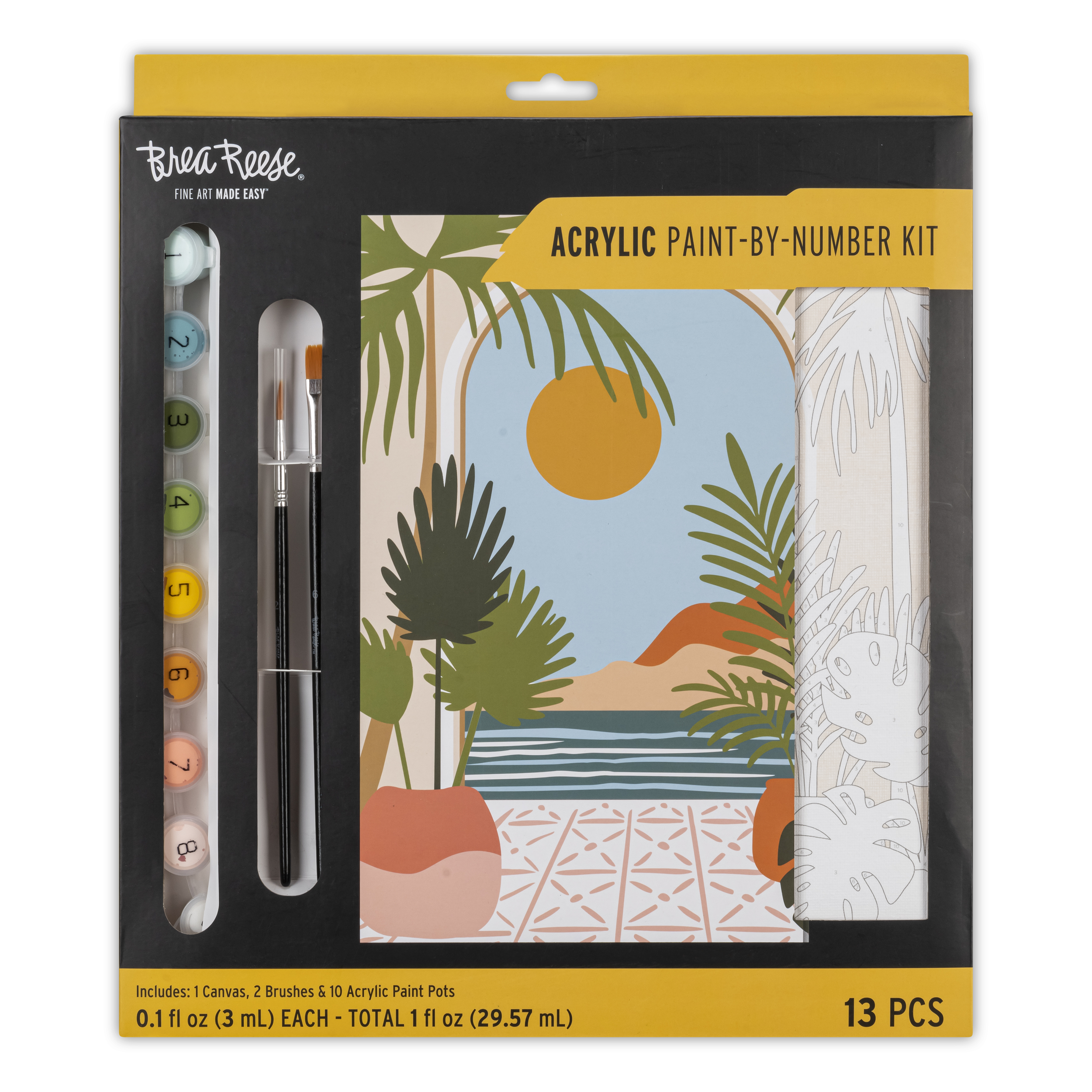 A Brea Reese acrylic paint-by-number kit with one canvas, two brushes, and ten acrylic paint pots, featuring a tropical landscape with plants, a large orange sun, water, and a mountain in the background.