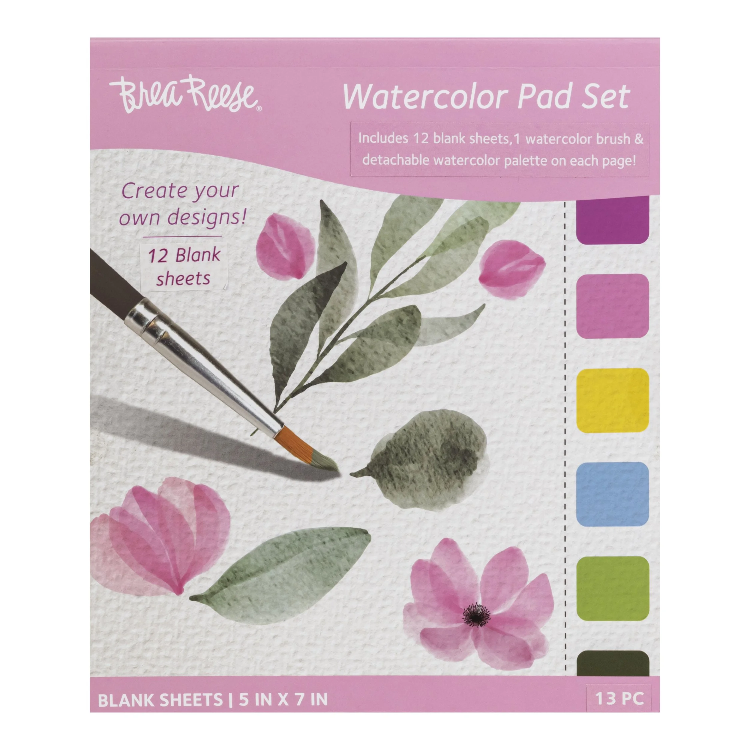 Pink watercolor pad set box with watercolor paintings of pink flowers, green leaves, and a lemon, featuring a paintbrush and color palette.