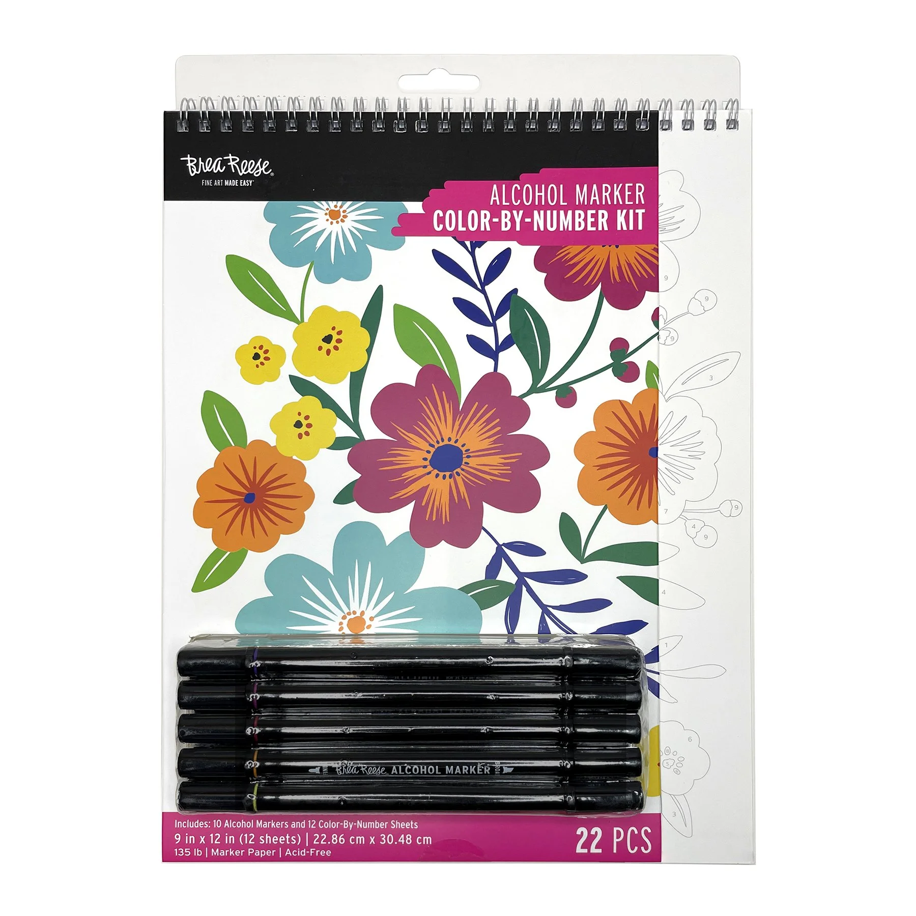 Set of 22 alcohol markers with color-by-number floral coloring book.