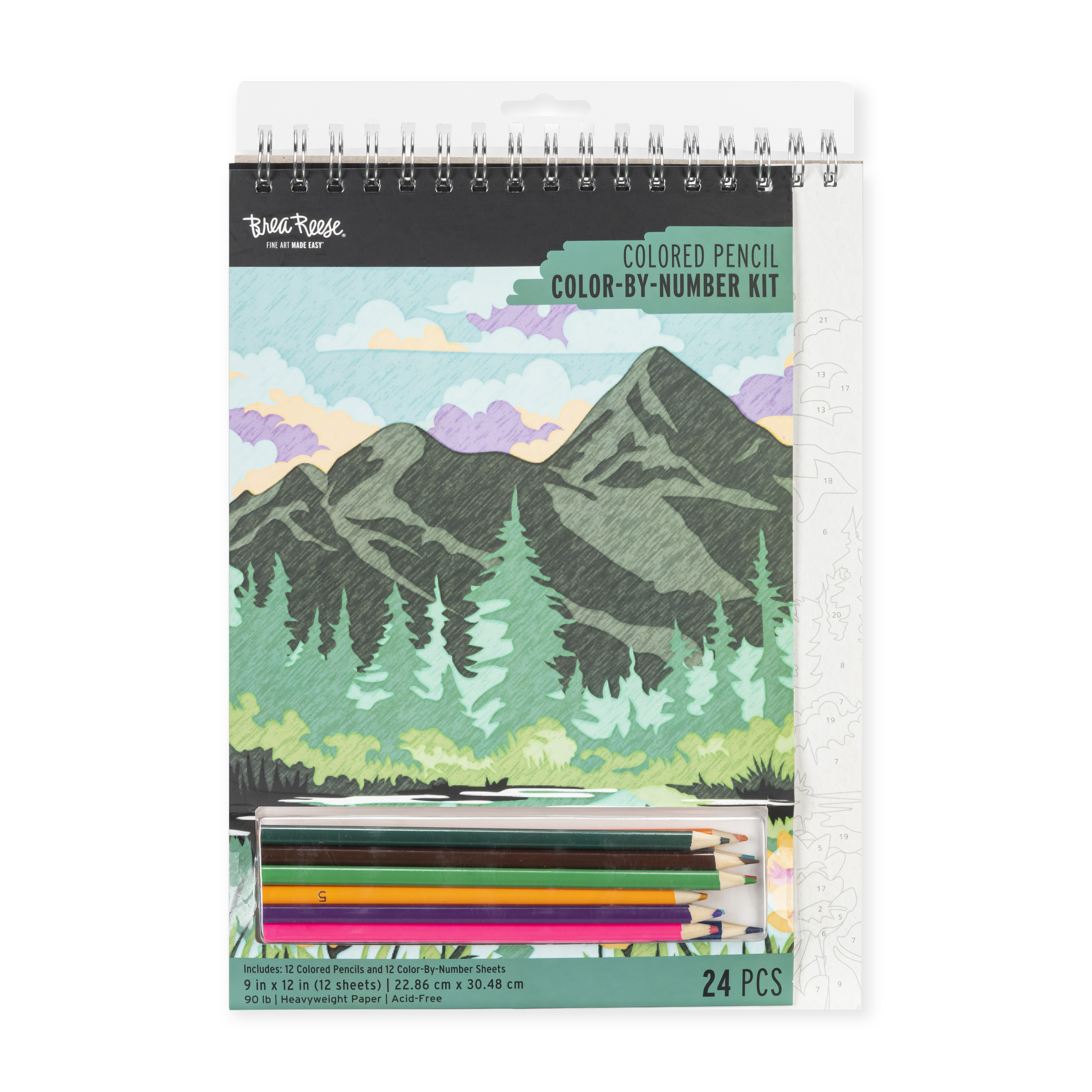 A pack of colored pencils with a mountain landscape illustration in the background, featuring mountains, trees, and clouds, on a spiral-bound coloring book or pad.