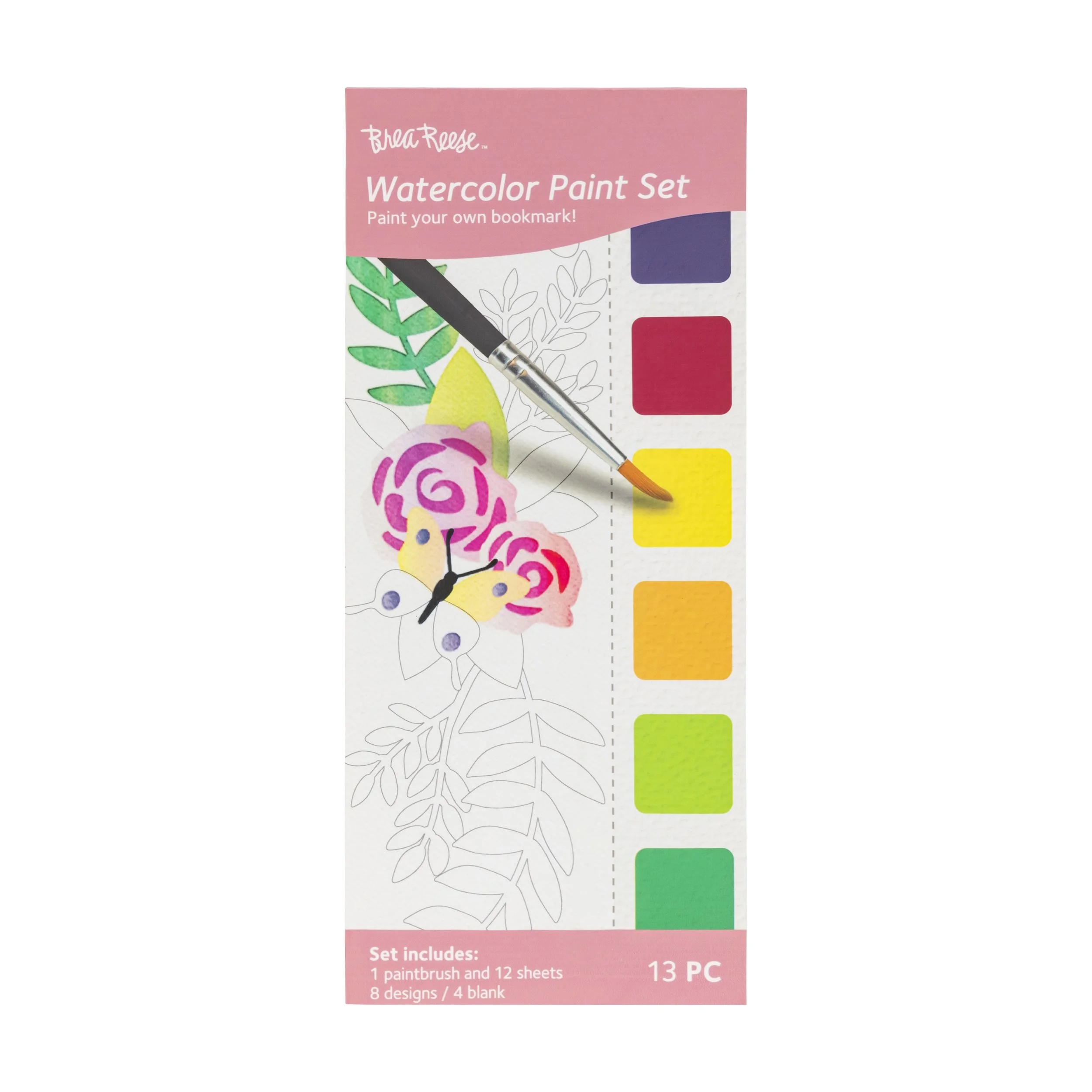Pink watercolor paint set packaging with a floral illustration and a paintbrush, including seven color swatches and a list of contents.