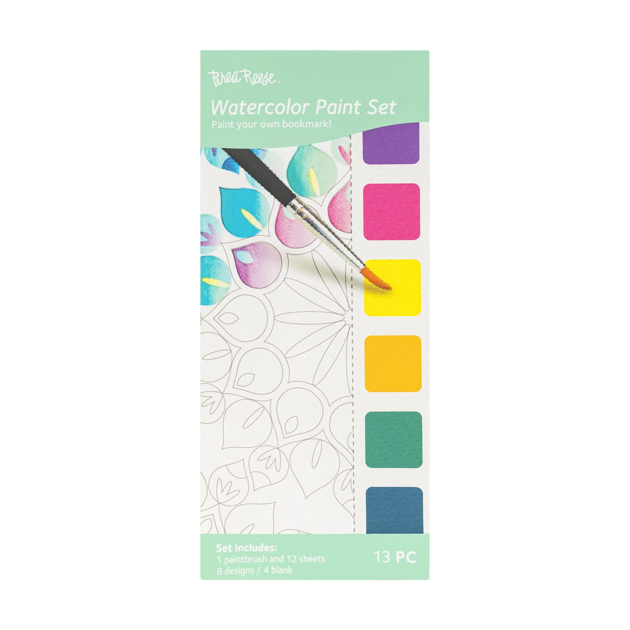 Watercolor paint set packaging with paint swatches in purple, pink, yellow, green, and blue, and a paintbrush with yellow paint.