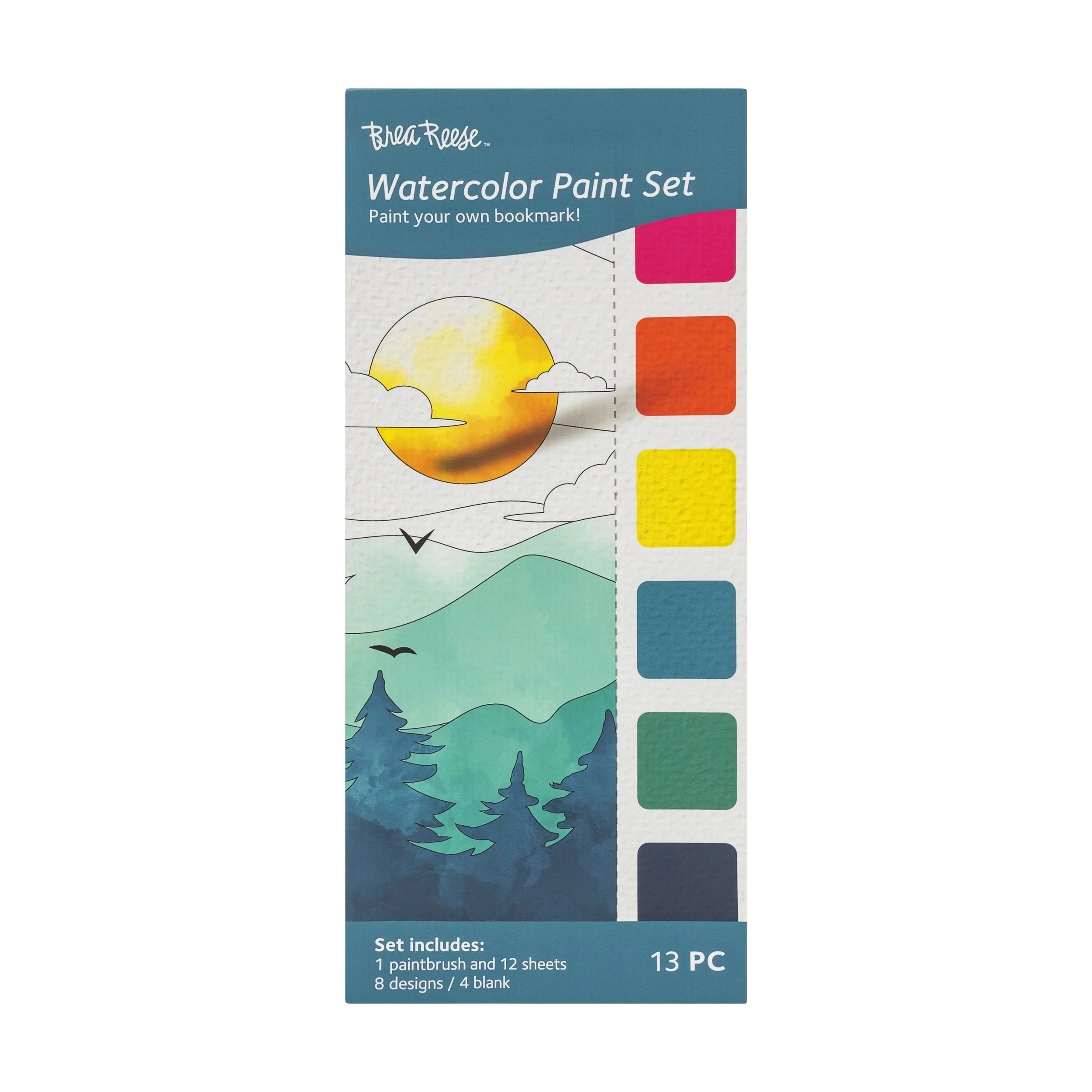 Watercolor paint set packaging with a mountain landscape illustration, including a sun, trees, and birds, referencing the set's colors and contents.