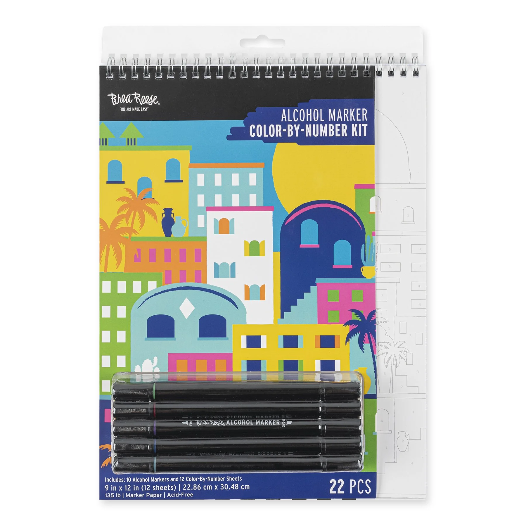 Packaged set of 10 black alcohol markers with color-by-number sheets, labeled as 'Alcohol Marker Color-by-Number Kit,' featuring colorful illustrations of buildings, palm trees, and a bright yellow sun on the packaging.
