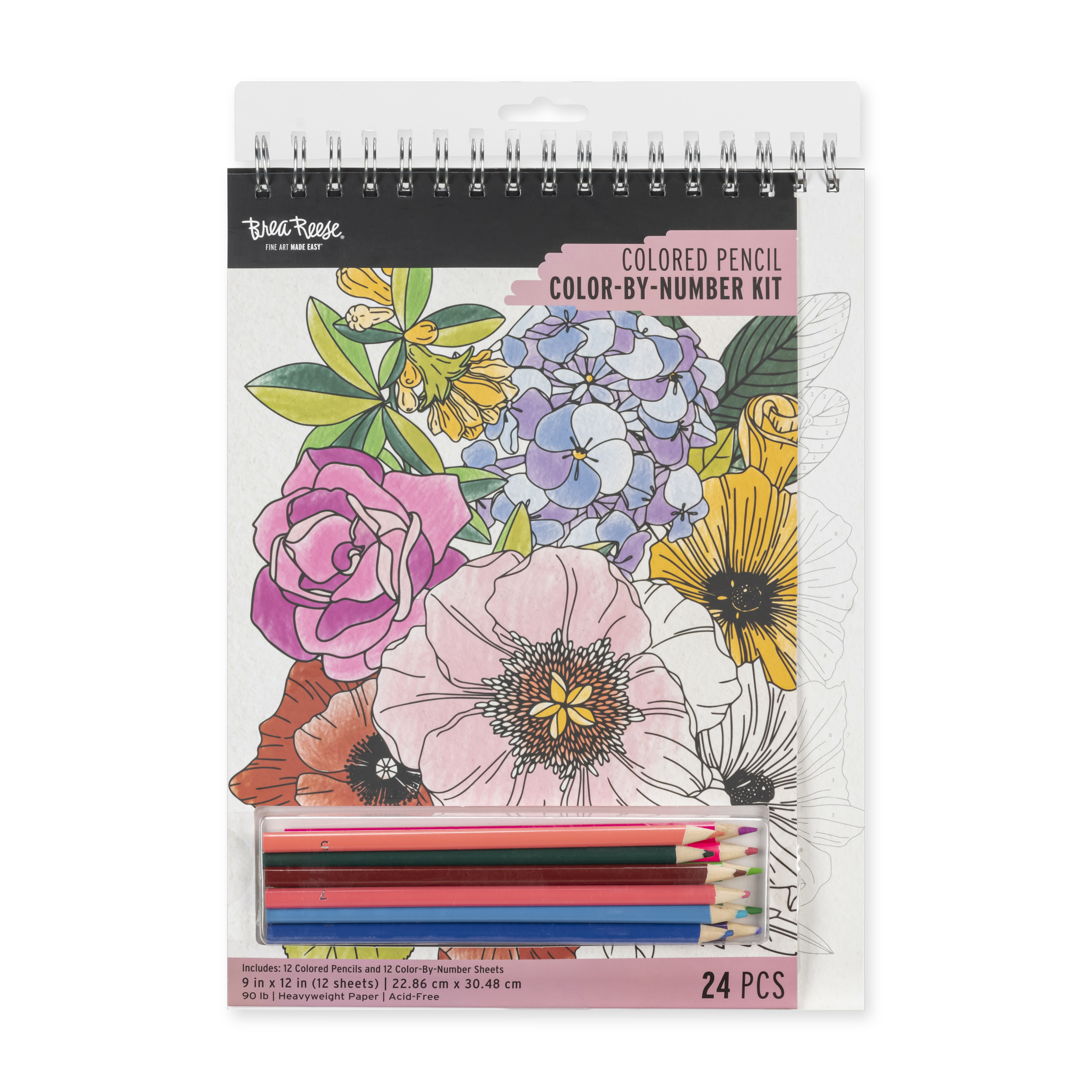 A color-by-number art kit featuring a floral design with pink, purple, yellow, and orange flowers and green leaves, including 12 colored pencils in various colors.