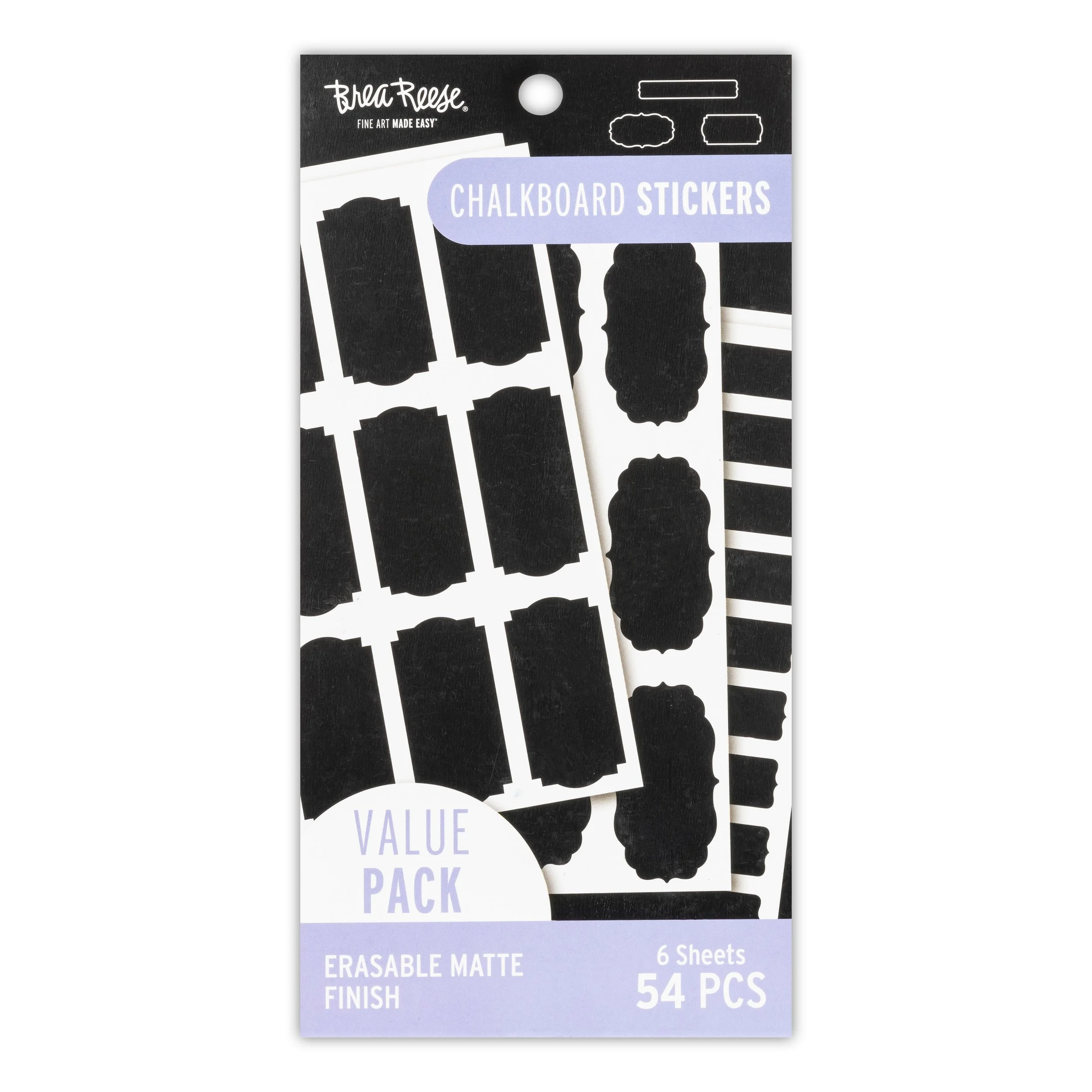 Package of Trea Reese chalkboard stickers with black chalkboard label cutouts and strips, 54 pieces, erasable matte finish, 6 sheets.