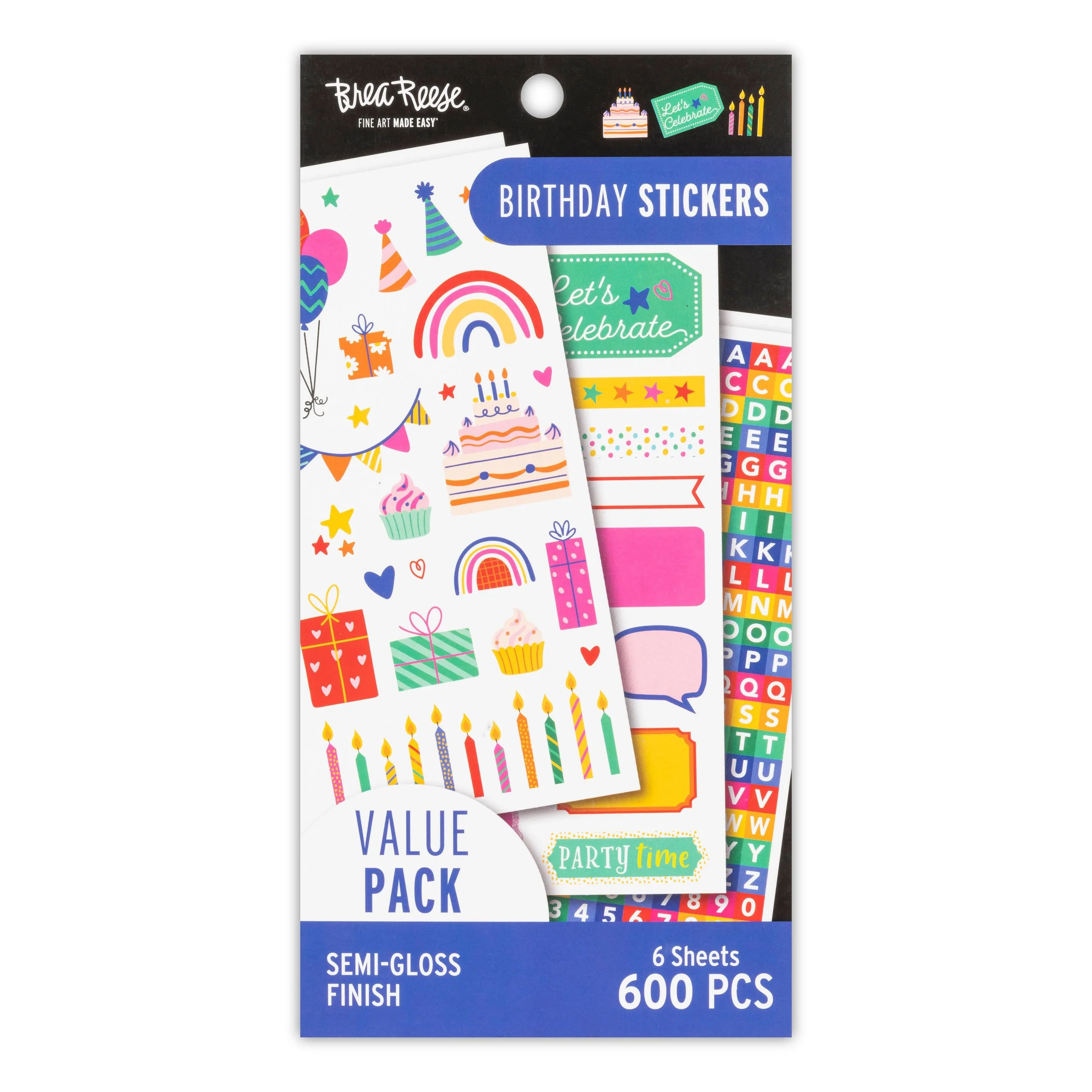 Pack of birthday stickers featuring colorful images of birthday cakes, rainbows, presents, candles, balloons, stars, and letters, designed for party decorations.