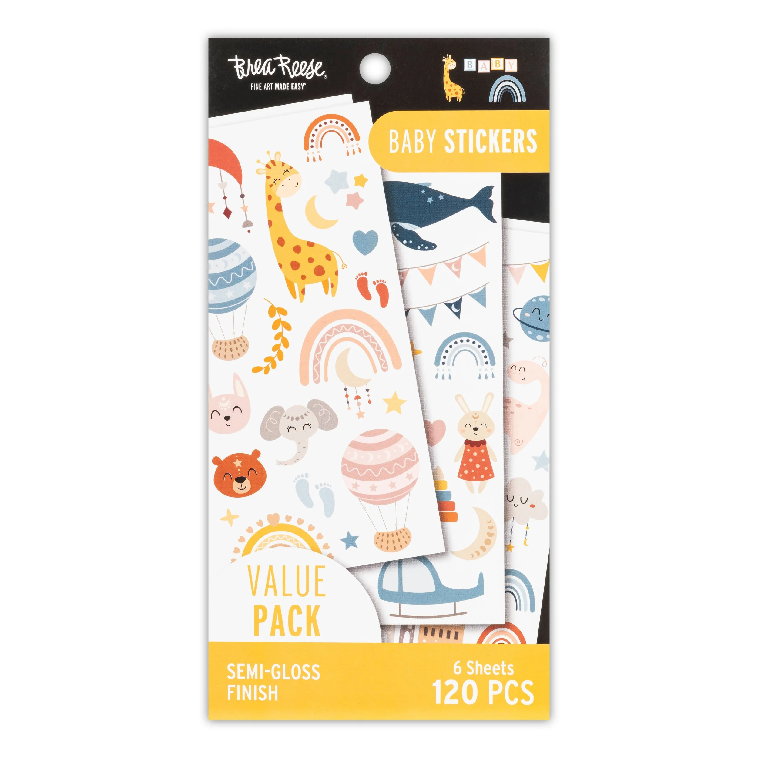 Package of Brera Reese baby stickers with colorful illustrations of animals, rainbows, and celestial elements for kids, 6 sheets with 120 pieces.
