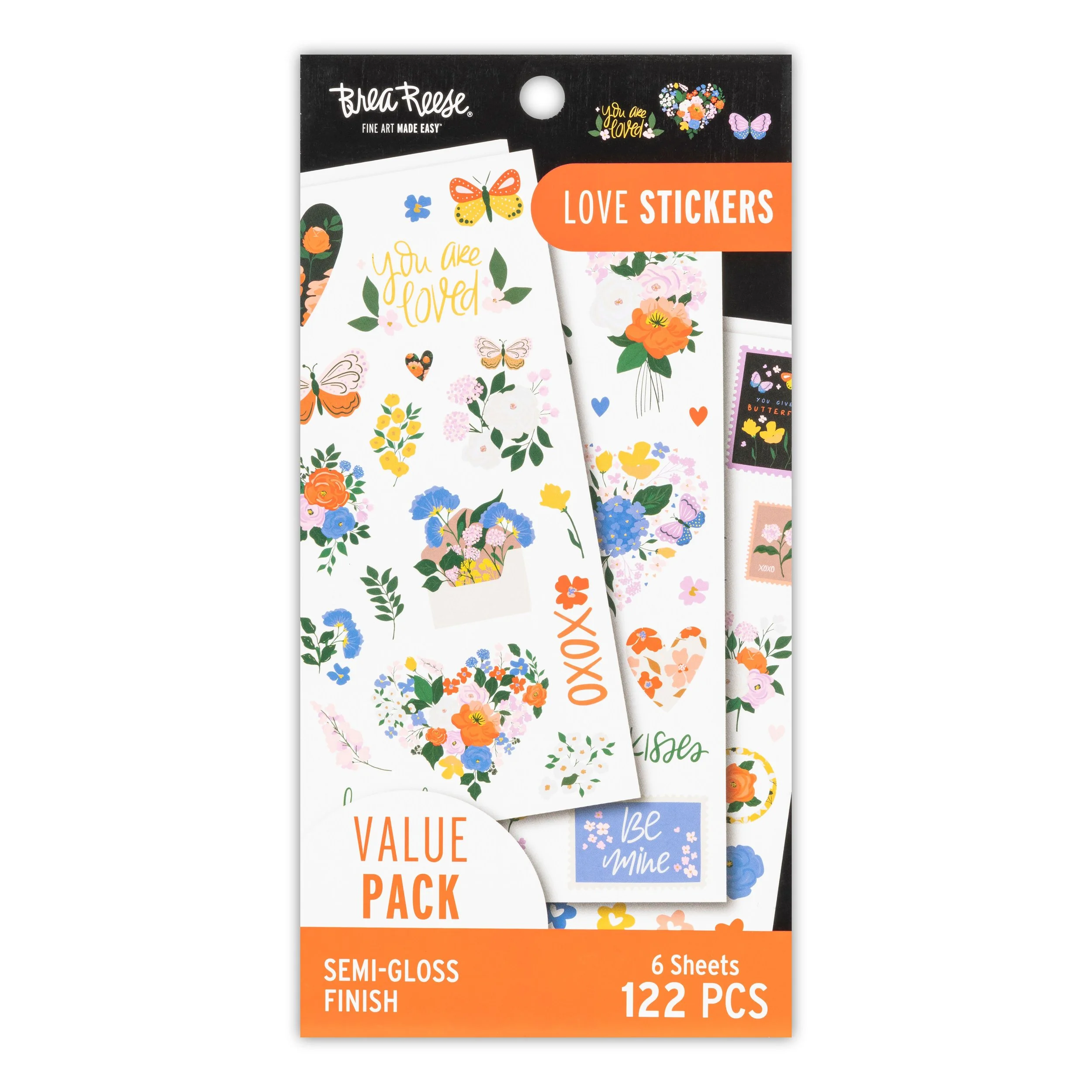 A package of Bobbie Reese love stickers, containing six sheets with a total of 122 semi-gloss finish stickers, featuring floral designs, hearts, butterflies, and phrases like "You are loved" and "Be mine".