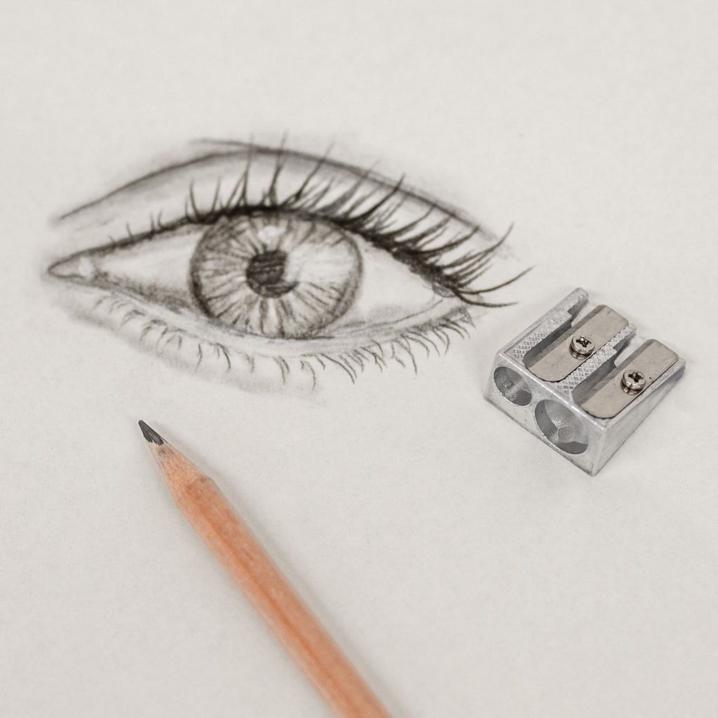 A detailed pencil sketch of a human eye on paper, with an eraser and a sharpened pencil nearby.