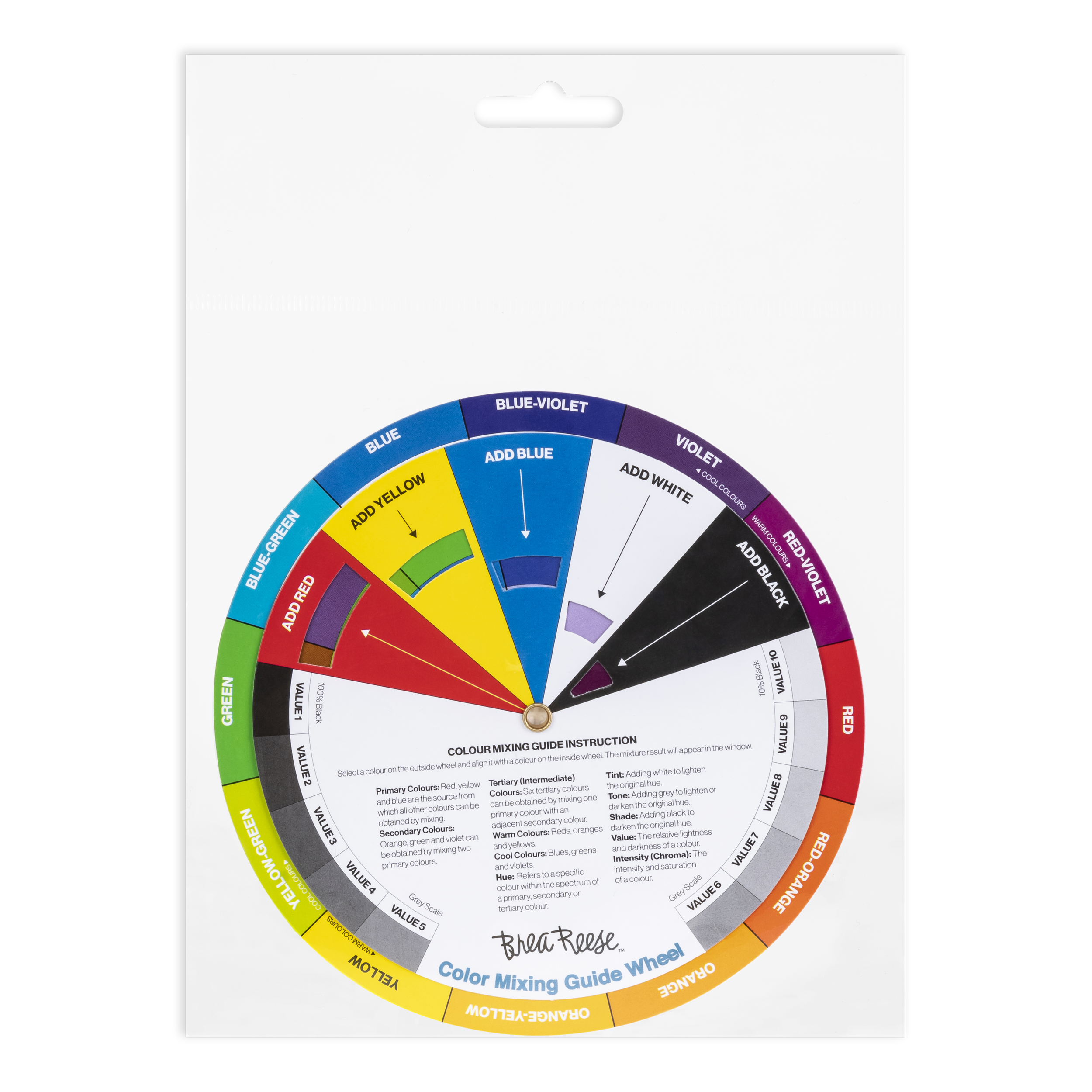 A color mixing guide wheel with sections for primary, secondary, tertiary, warm, cool, and neutral colors, showing how to add colors to create various shades and tones.