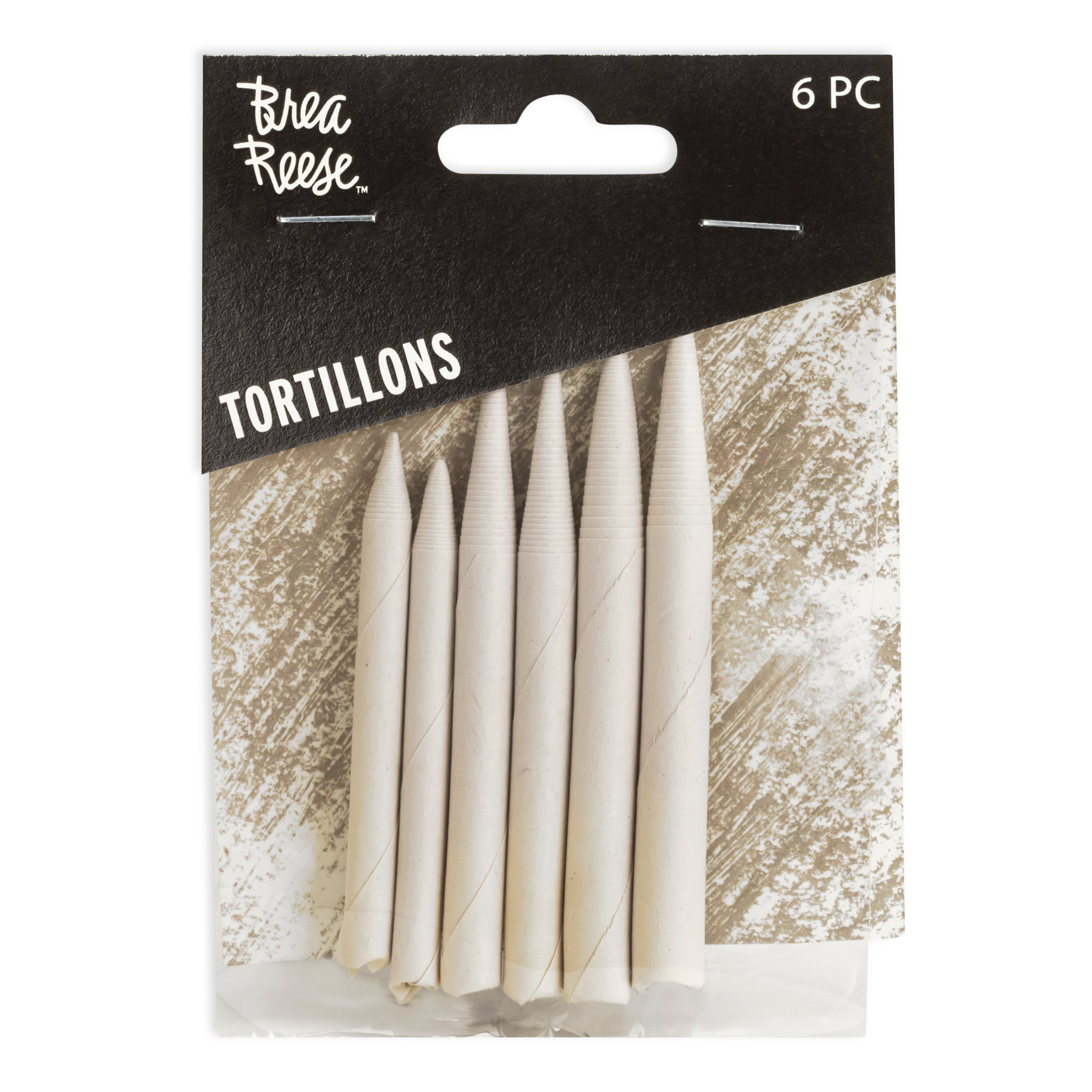Pack of six white tortillons for art drawing, with black and beige packaging.