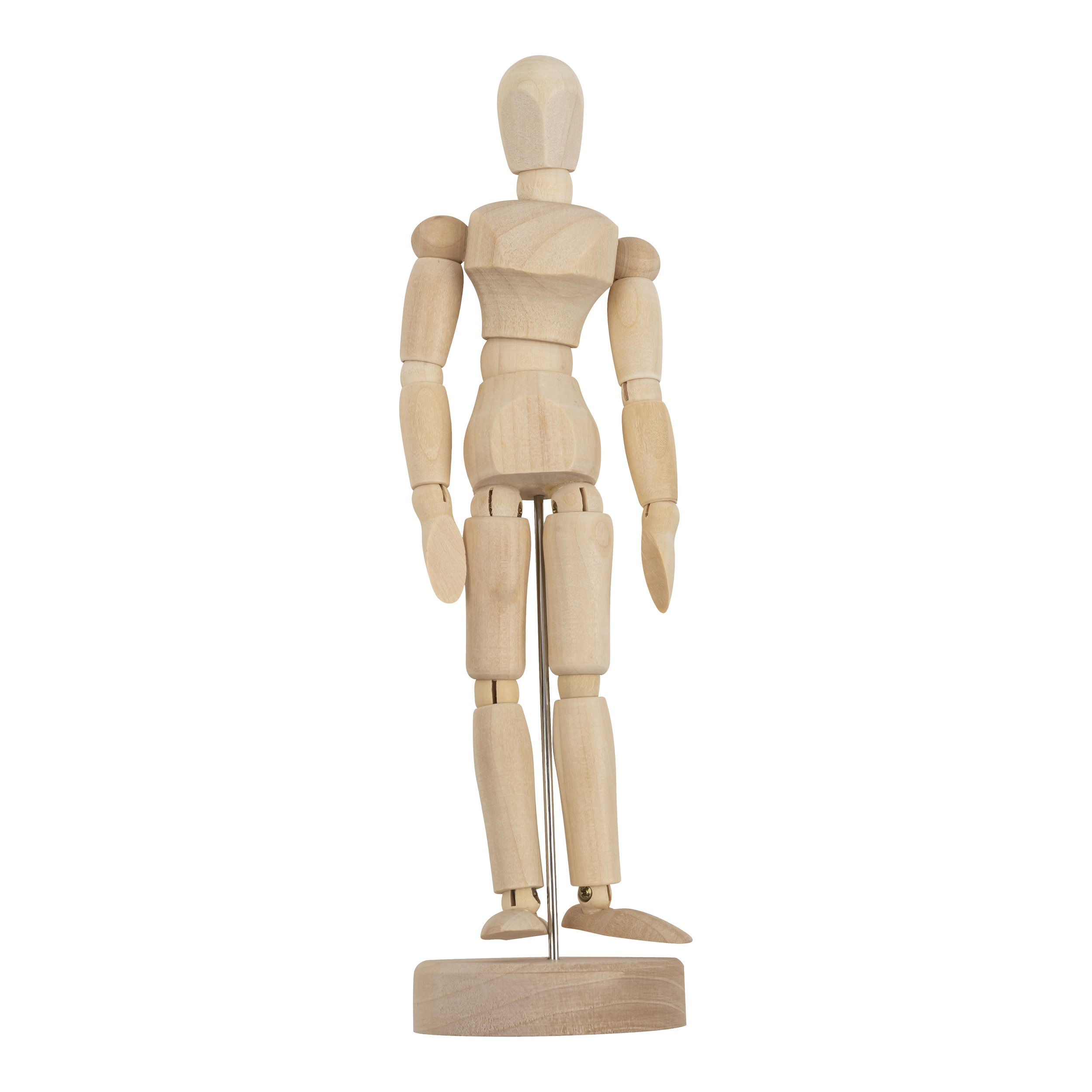 Unpainted wooden artist mannequin standing upright on a wooden base against a white background.
