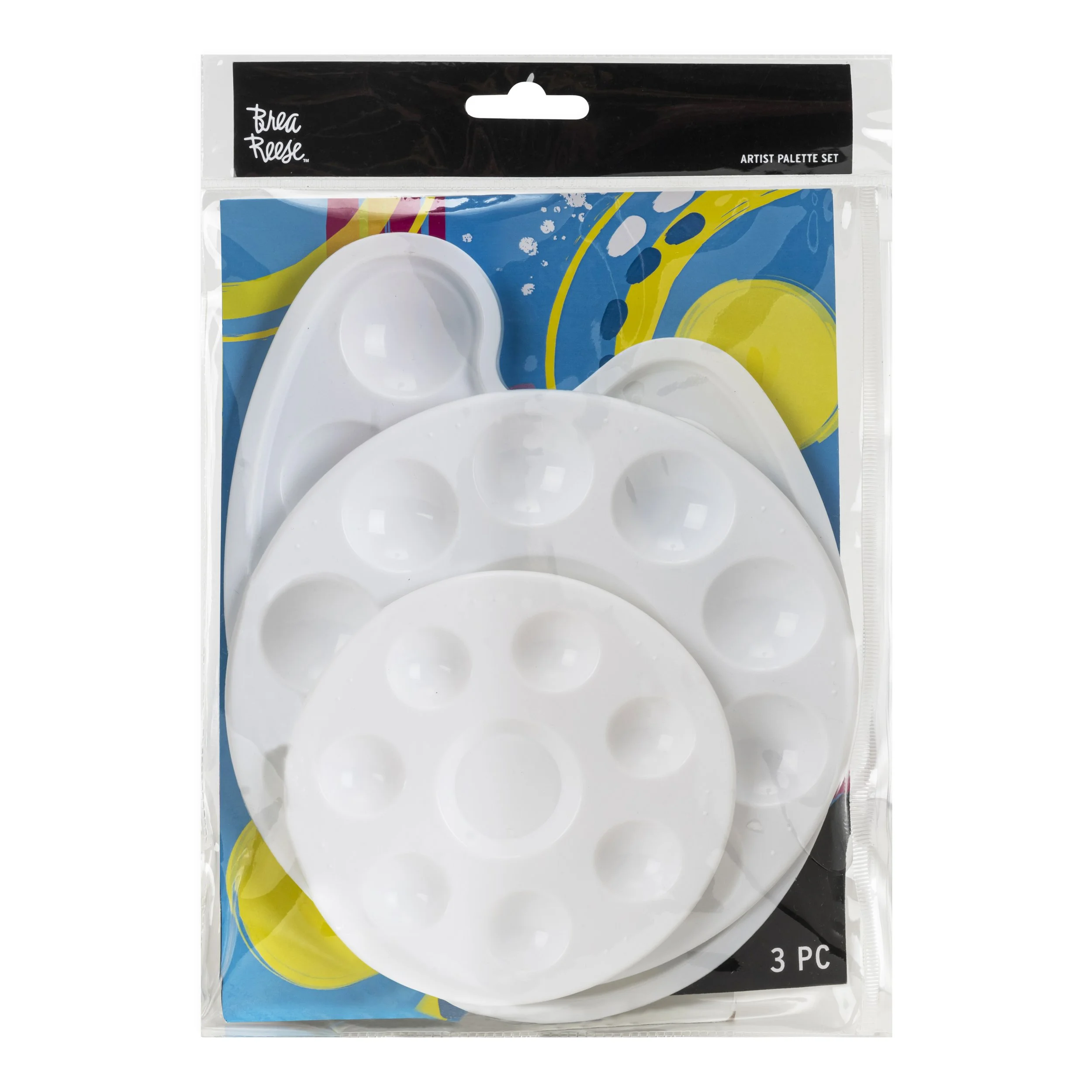 Three white plastic painter's palettes with multiple circular wells for mixing paints, in packaged plastic wrapper with colorful abstract background.