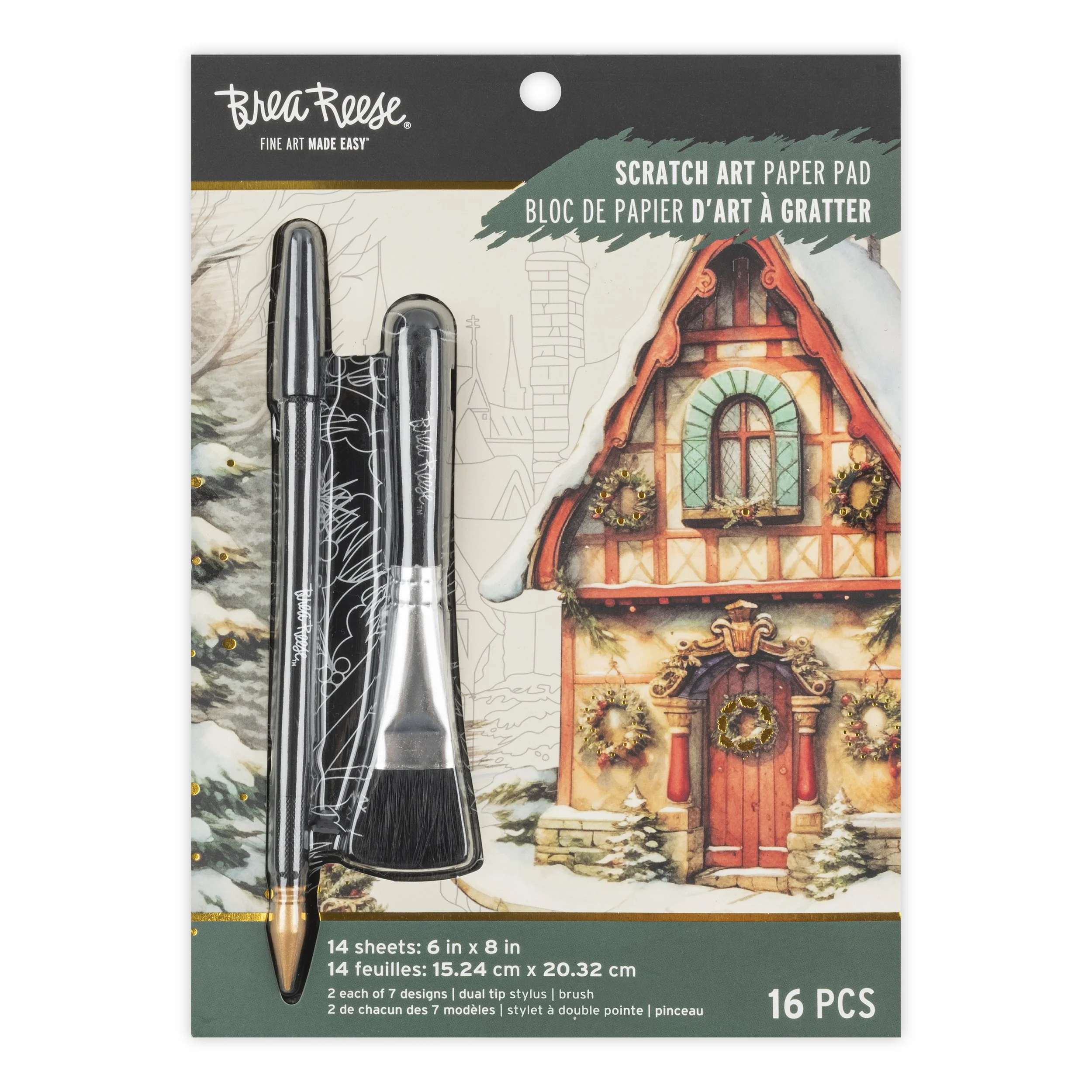 Package of scratch art paper with a partially completed festive house illustration in the background and a dual-tip stylus with a brush on the left.