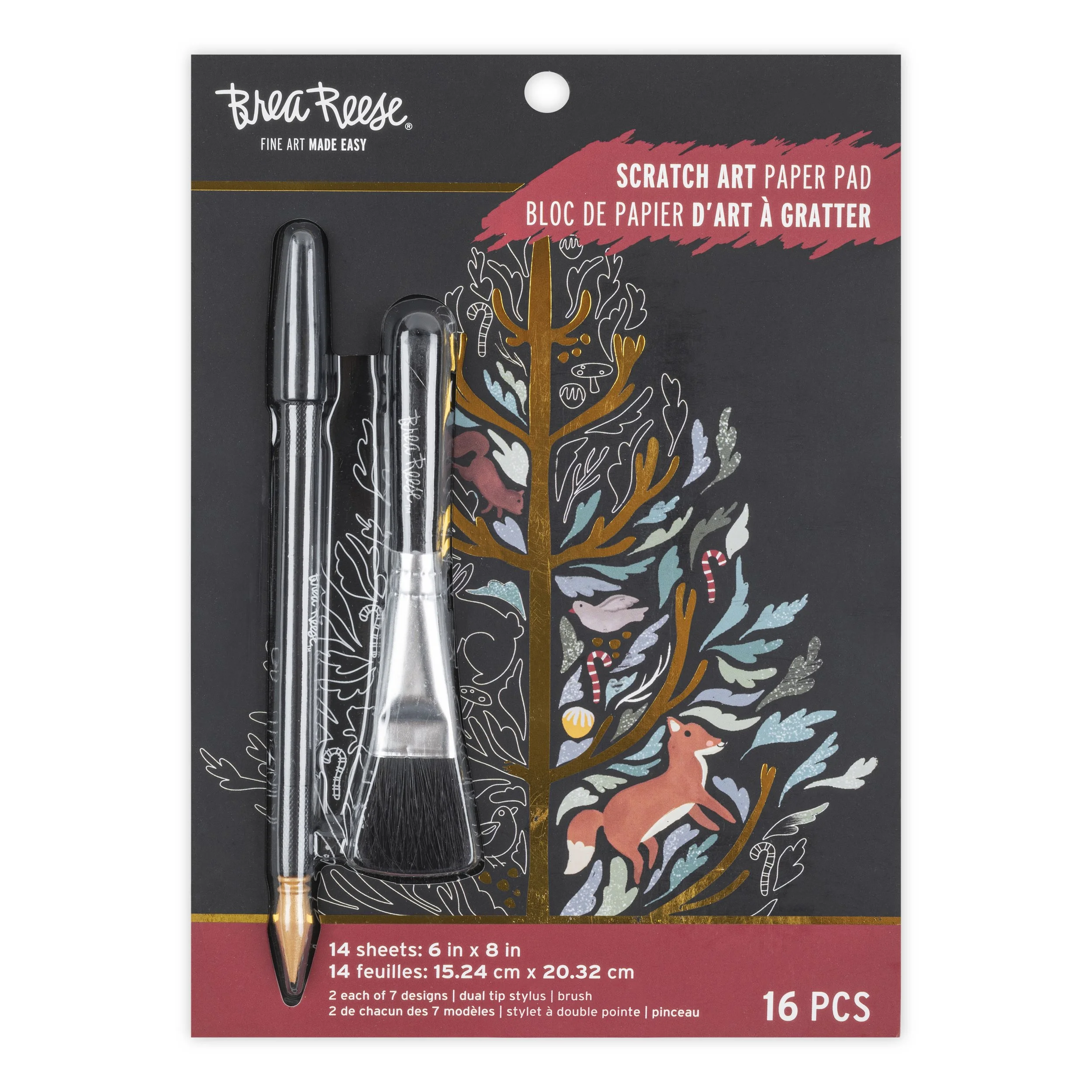 Package of 16 scratch art paper pads with 14 sheets each, featuring artist brushes with black and clear handles, in a black, pink, and gold design with a whimsical woodland scene of a fox, birds, and trees.