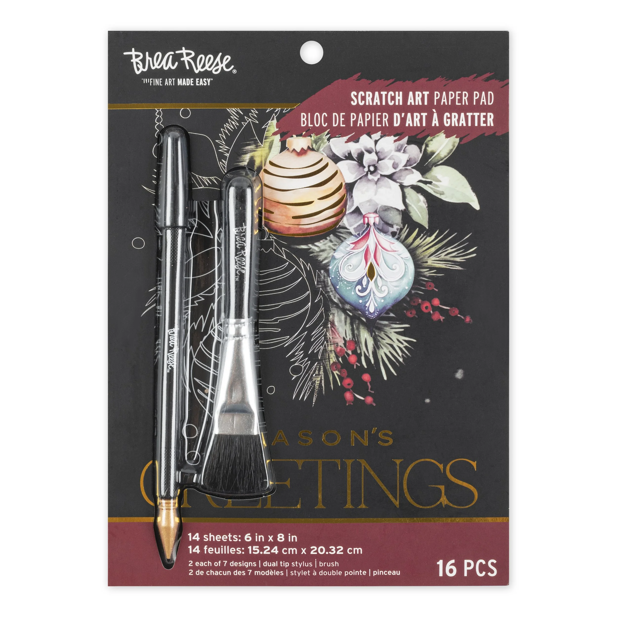 Package of Christmas-themed scratch art paper and two dual-tip stylus pens.