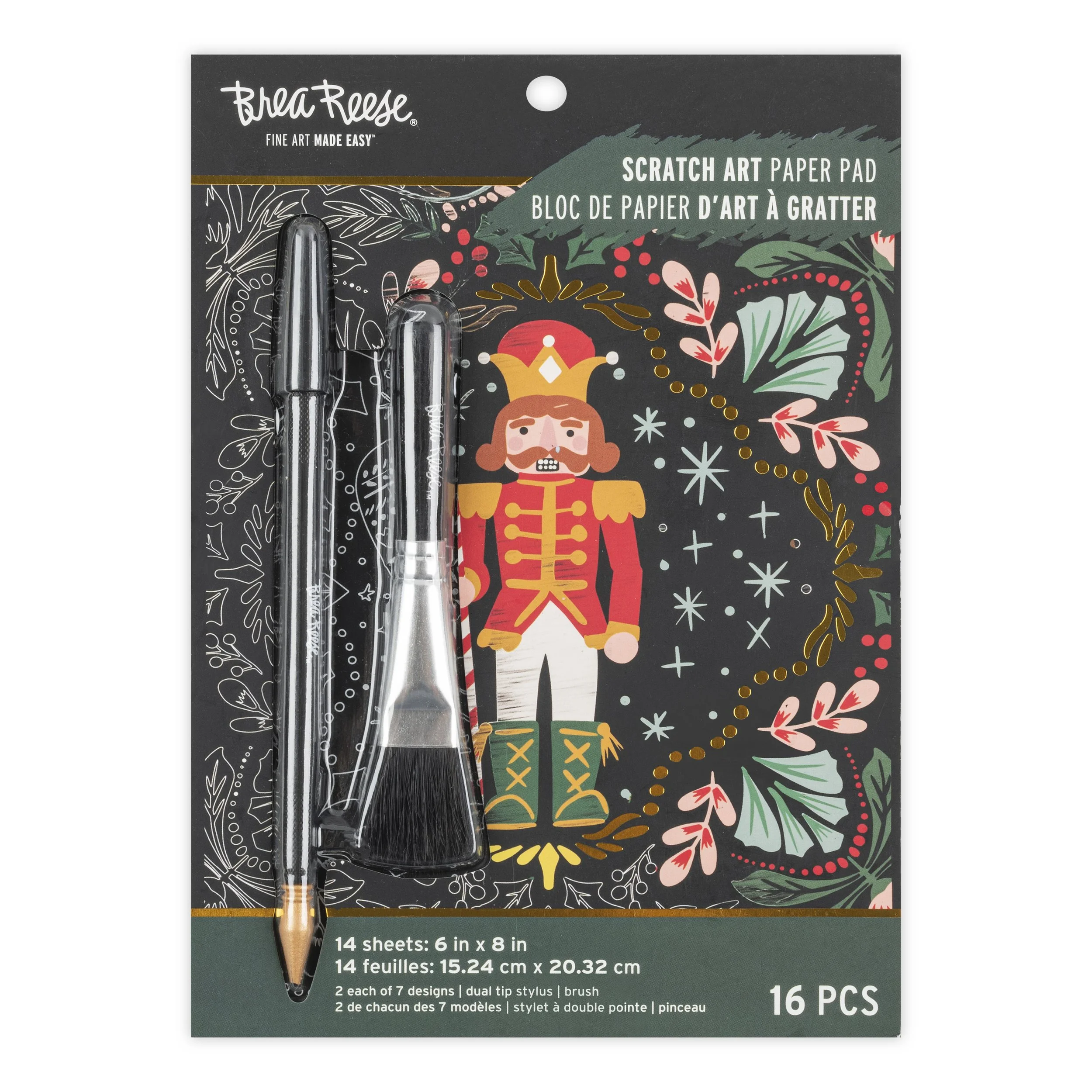 Scratch art paper pad with two styluses, featuring a festive holiday design with a nutcracker in a red and gold uniform, surrounded by decorative foliage and festive elements.