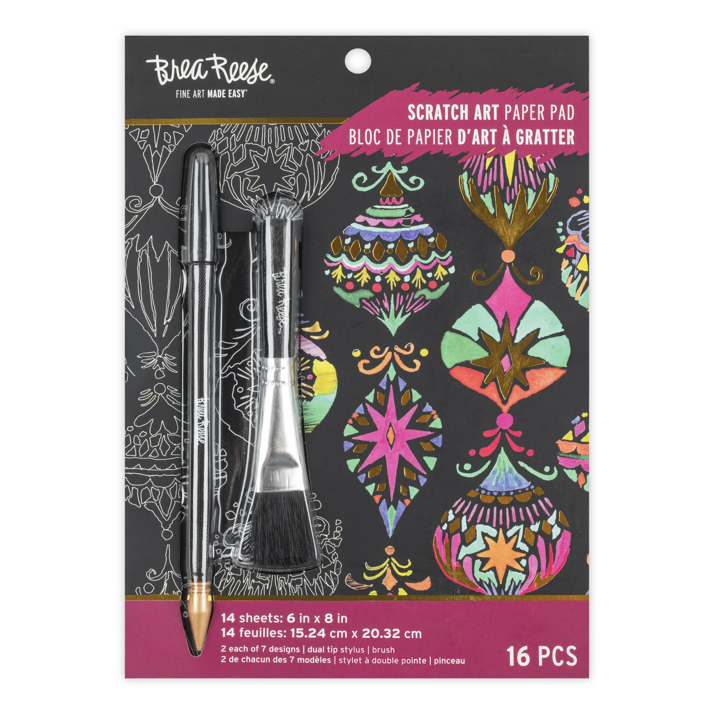 A package of scratch art paper pads with two styluses and a brush, featuring colorful ornamental designs on the cover.