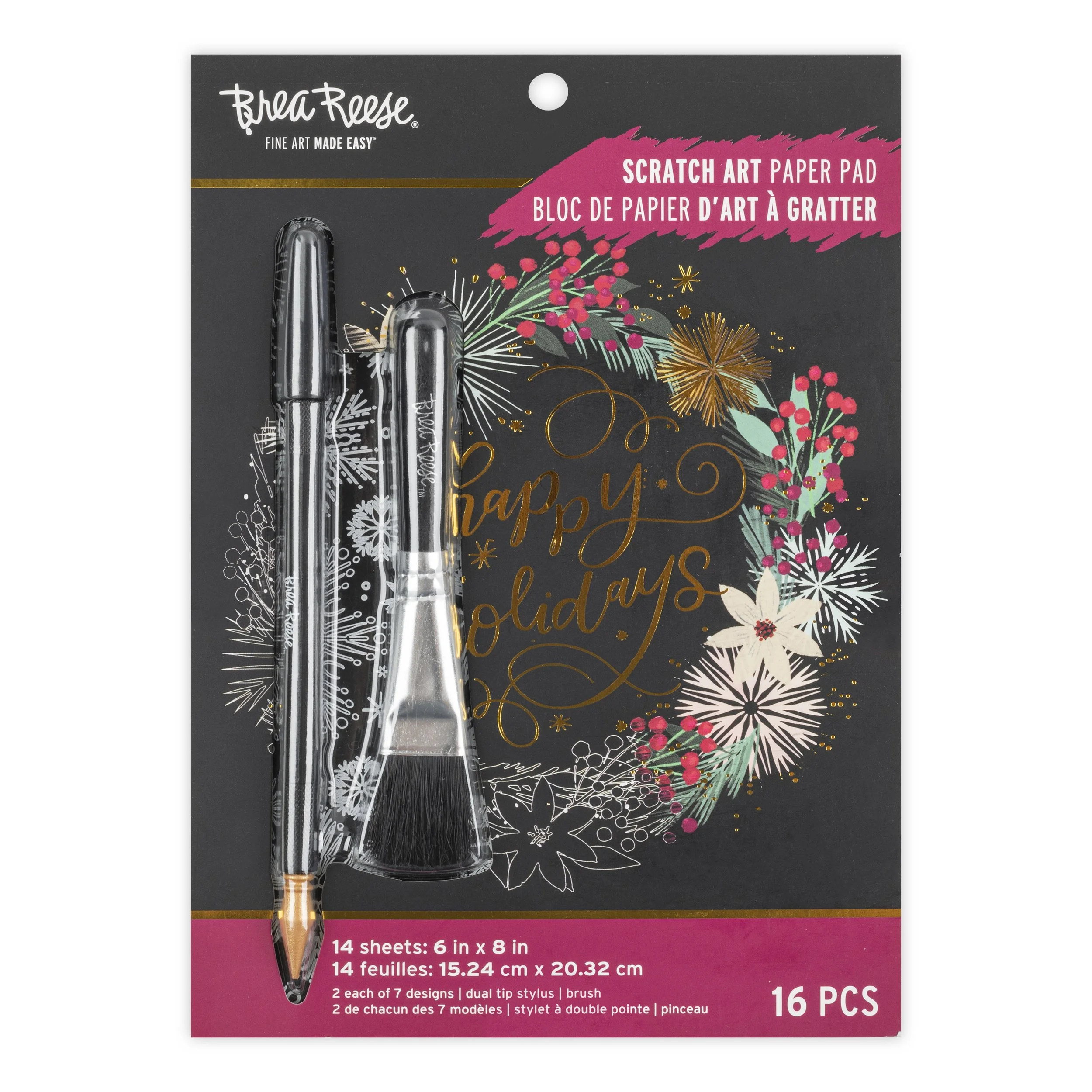 Package of 14 scratch art paper sheets with holiday design and two stylus brushes, labeled as 16 pieces total.