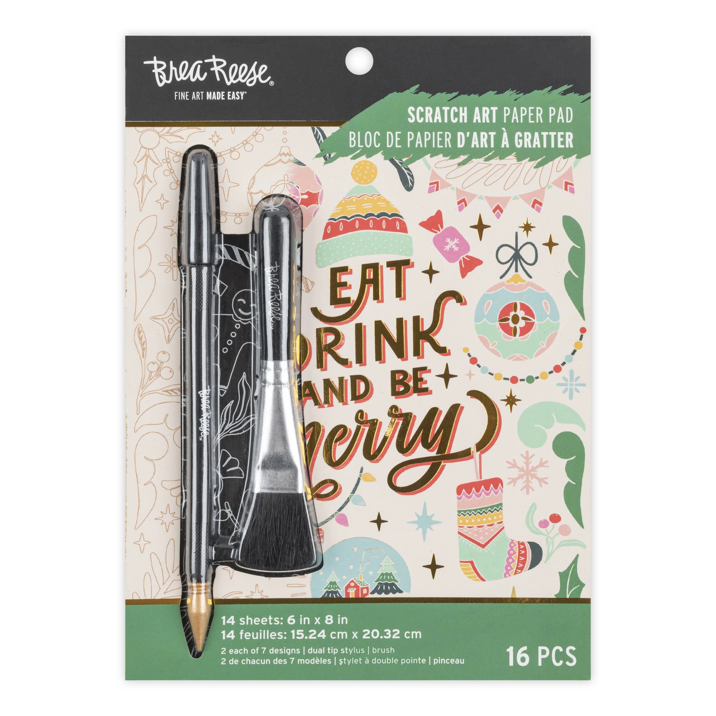 A pack of scrapbook paper featuring holiday-themed illustrations and a phrase that reads 'Eat, drink, and be merry.' The package contains 16 sheets and includes dual tip stylus brushes.