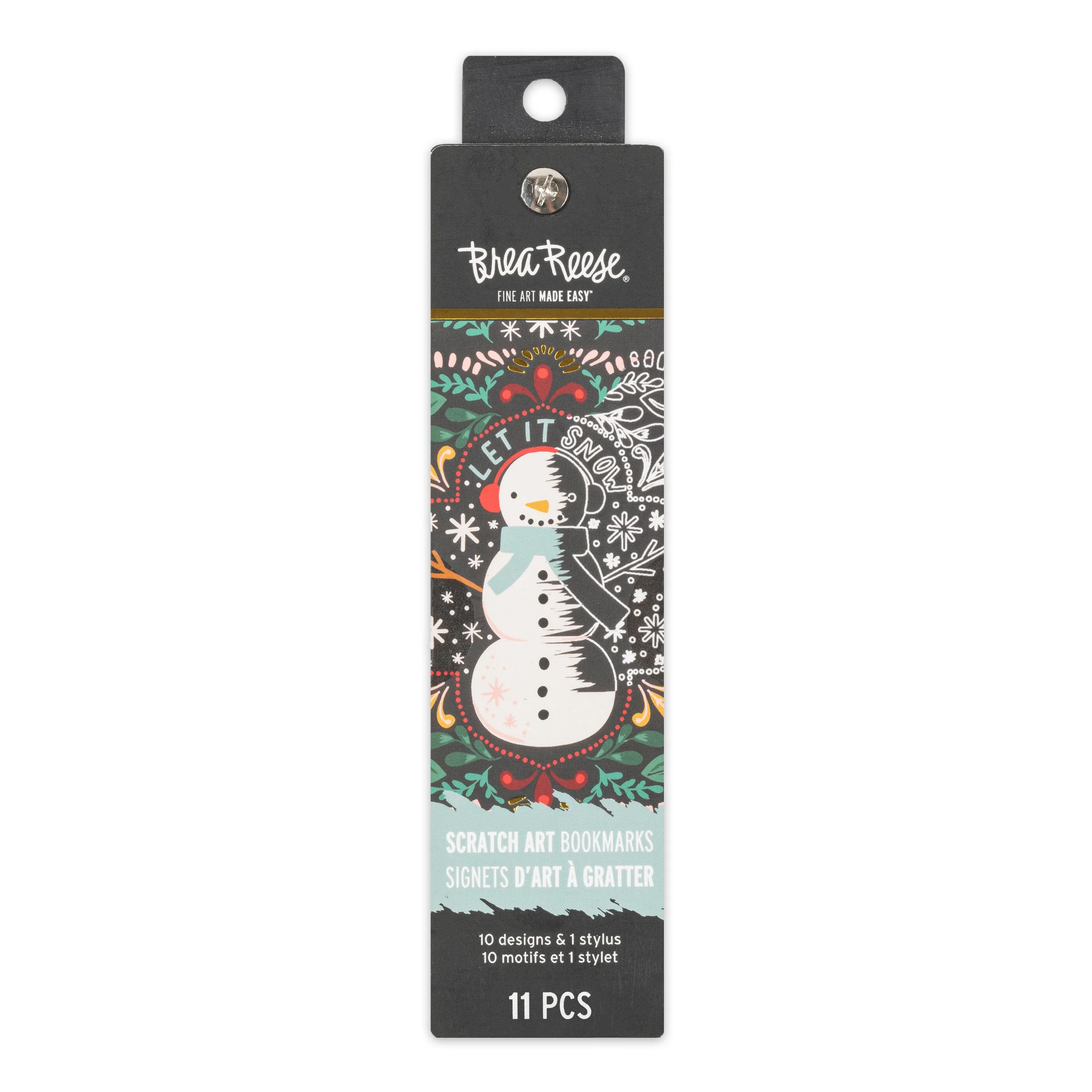 Package of Bret Reese scratch art bookmarks with a snowman illustration and festive holiday design.