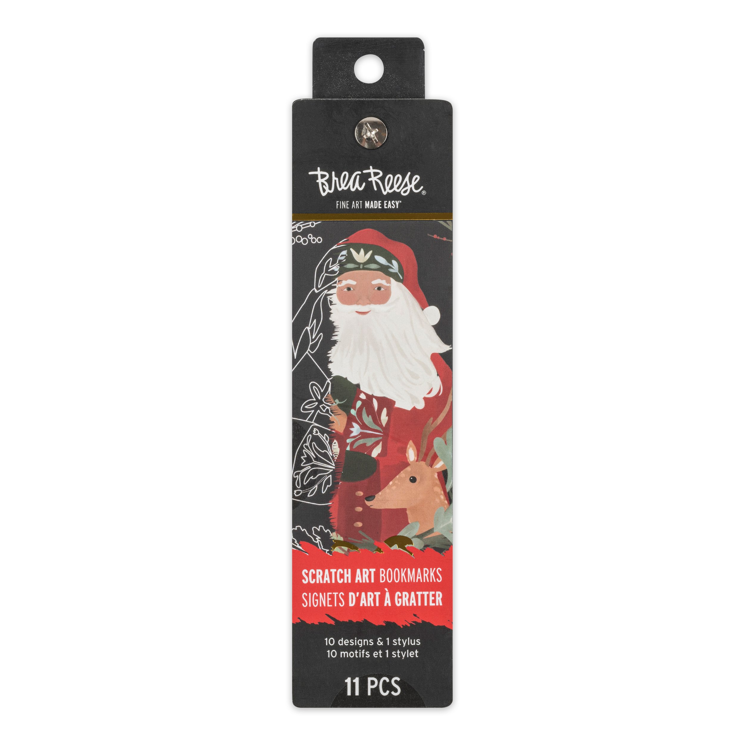 Package of Bree Reese scratch art bookmarks featuring holiday-themed Santa Claus and reindeer designs, 11 pieces.