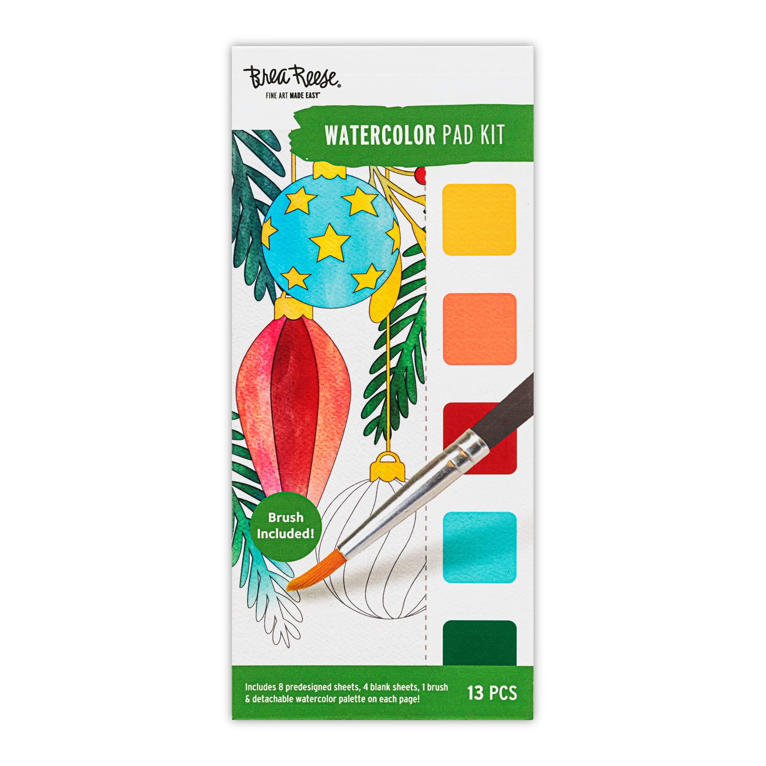 Watercolor pad kit from Bread Reese featuring Christmas ornaments and a watercolor brush, with color swatches in yellow, orange, red, light blue, and green.