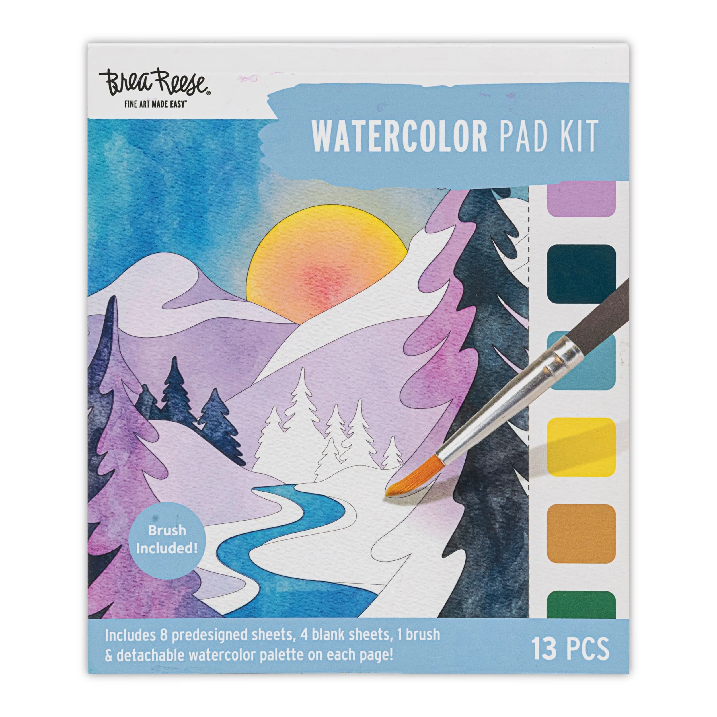 Watercolor art kit packaging featuring a mountain landscape with trees, a river, and a setting sun, with a paintbrush applying watercolor on a predesigned sheet.
