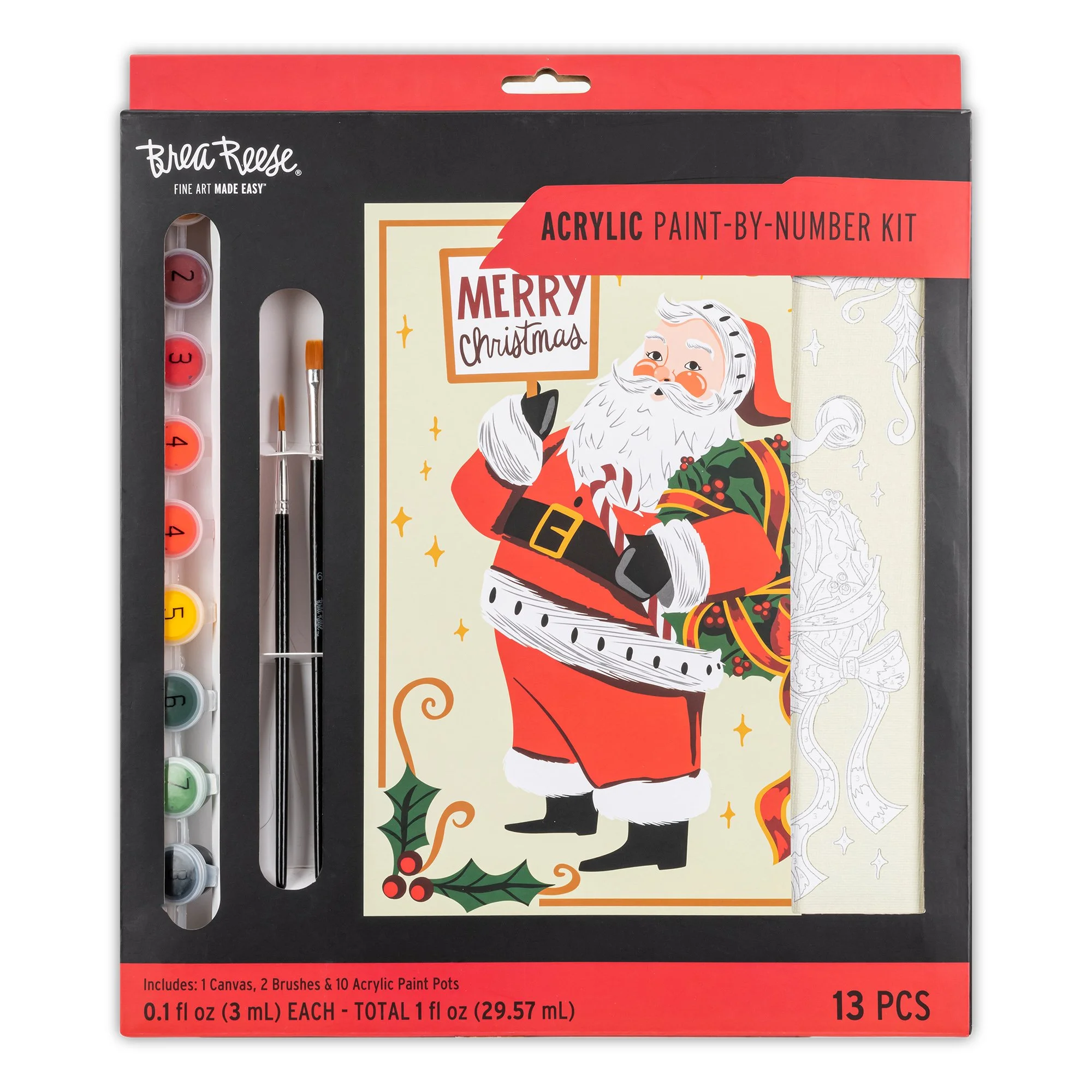 Paint-by-number kit featuring a Santa Claus illustration with a holiday message, acrylic paint pots, and paintbrushes.