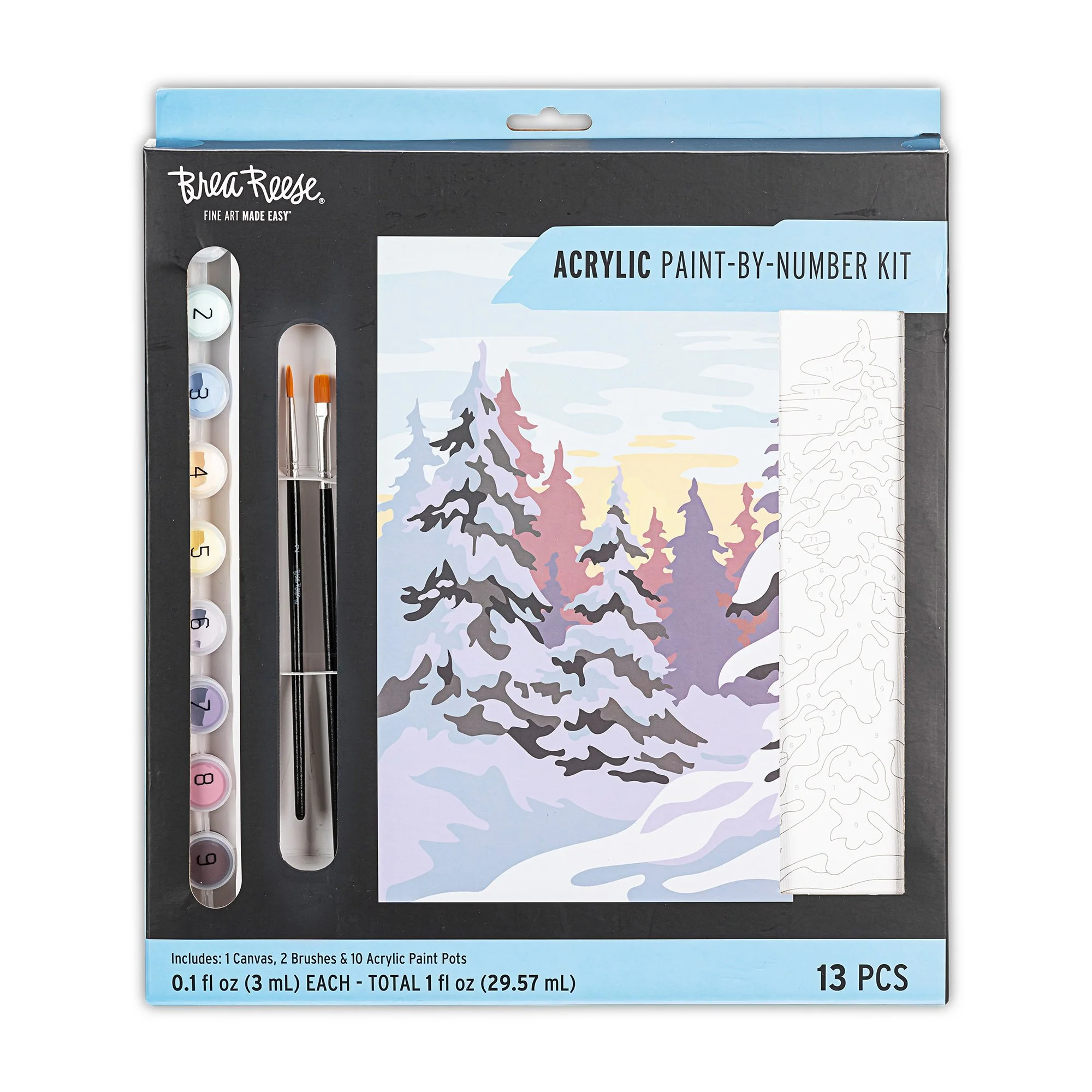 Paint-by-number kit with a winter scene of snow-covered pine trees, includes a canvas, two brushes, and ten small paint pots.