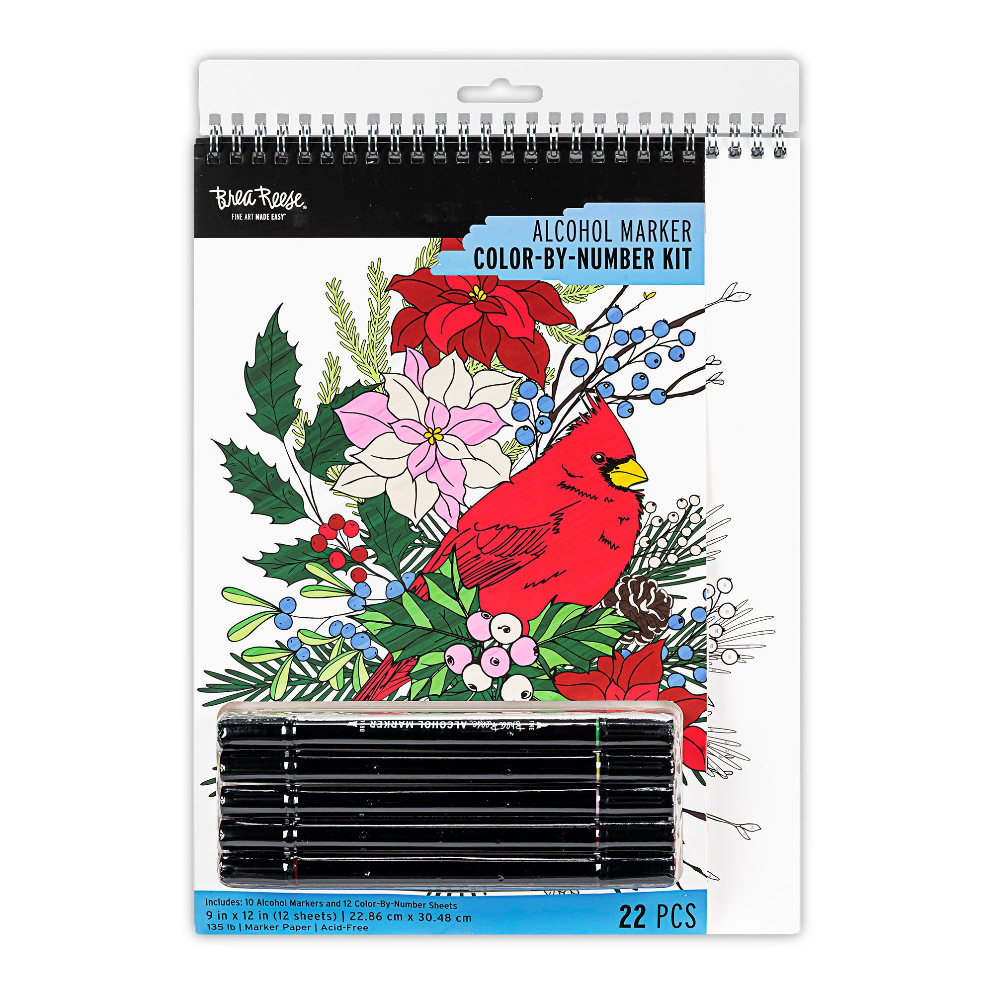 Package of alcohol markers with color-by-number sheets featuring holiday-themed illustrations of a cardinal bird, poinsettias, holly, and other festive greenery.