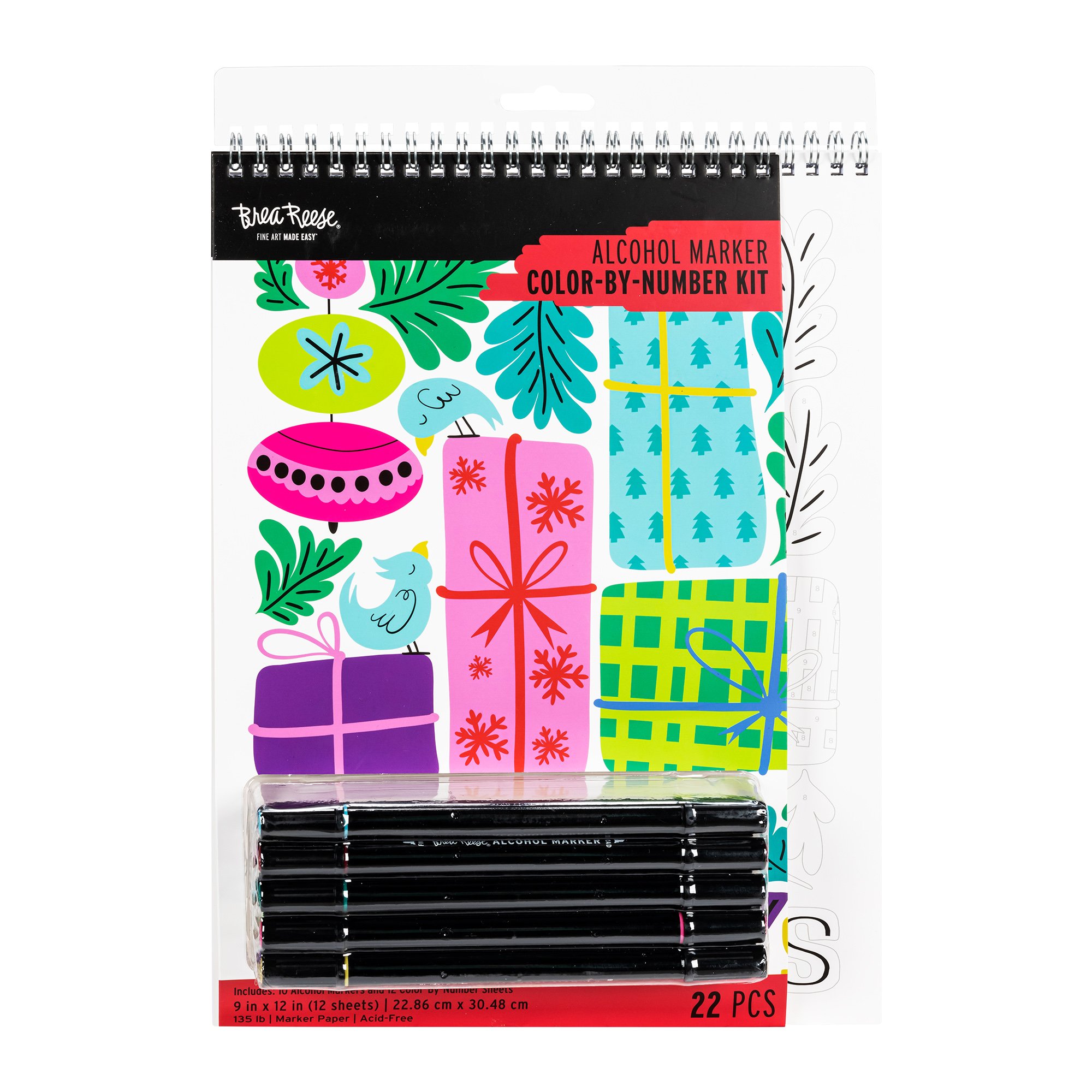 A pack of black alcohol markers designed for coloring by number, with colorful holiday-themed illustrations of presents, ornaments, birds, and foliage on the packaging.