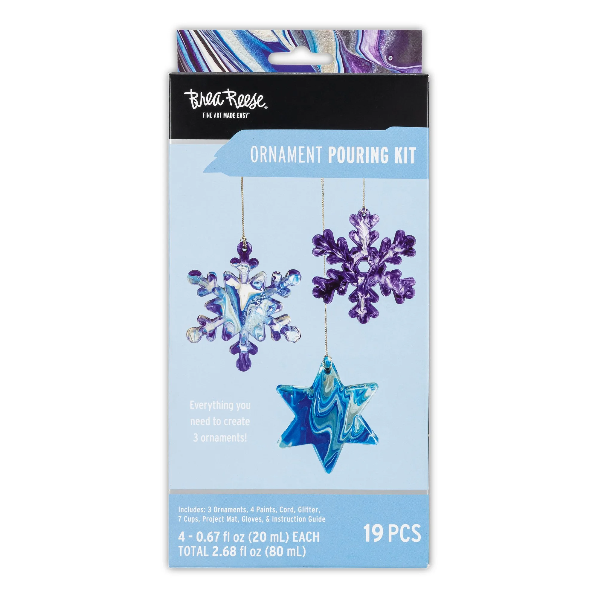 Package of Brea Reese ornament pouring kit with three plastic ornaments in snowflake and star shapes, decorated with paints and glitter.