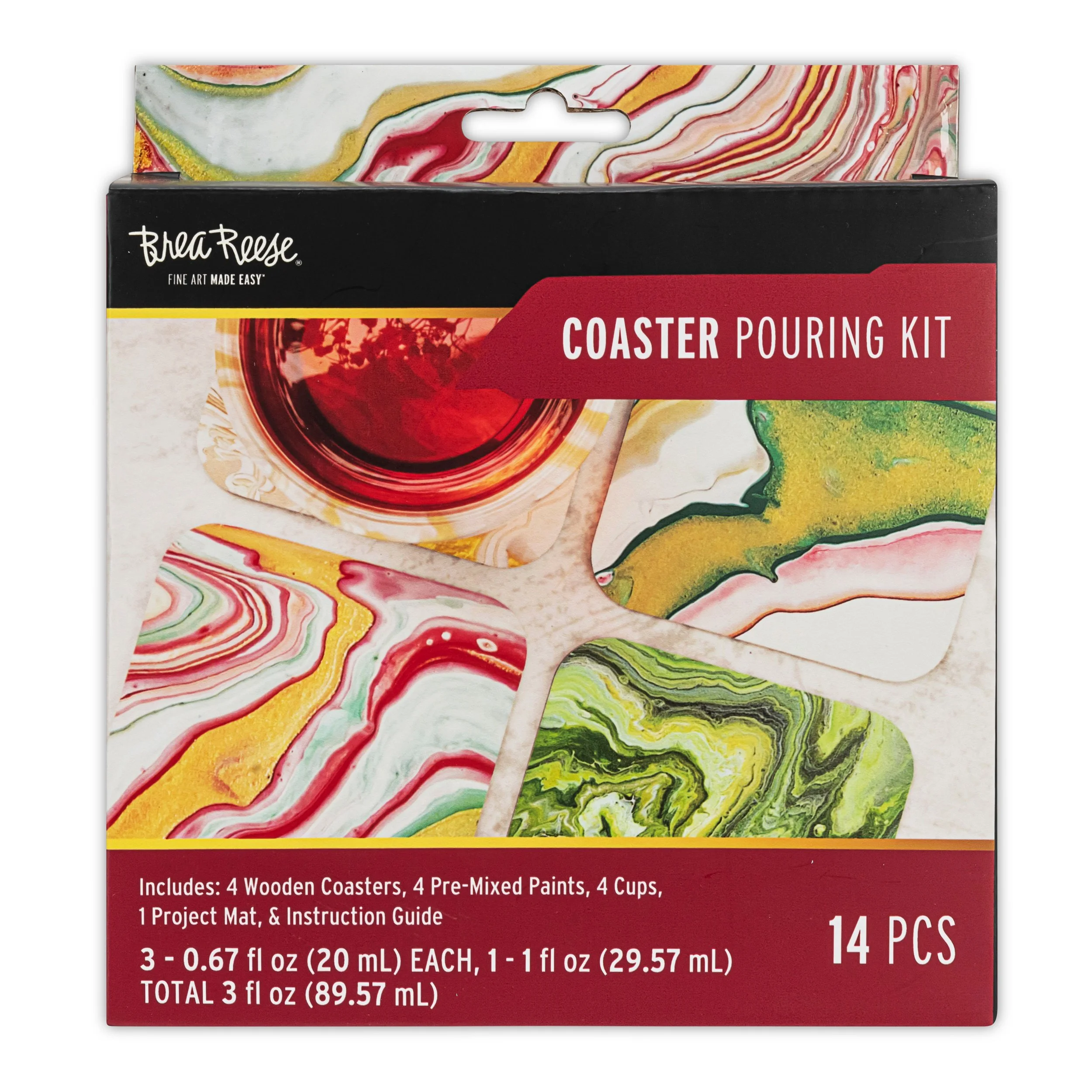 Box of Brea Reese coaster pouring kit with four wooden coasters, pre-mixed paints, cups, project mat, and instruction guide, featuring colorful marbled designs on the coasters.