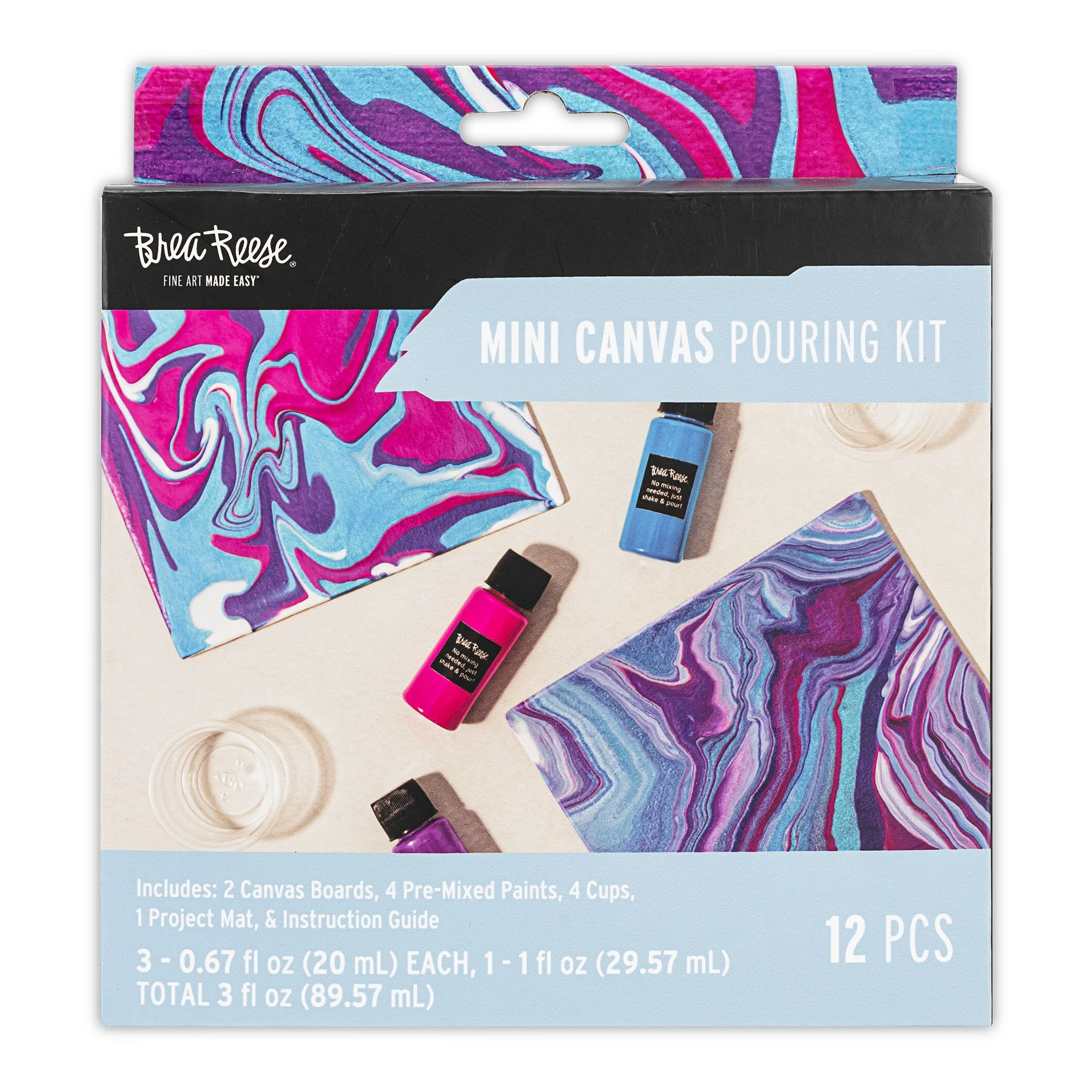 Packaging of a Breeze Mini Canvas Pouring Kit featuring two marble-patterned canvas boards, small bottles of pre-mixed paint in pink, blue, and purple, cups, a project mat, and an instruction guide.