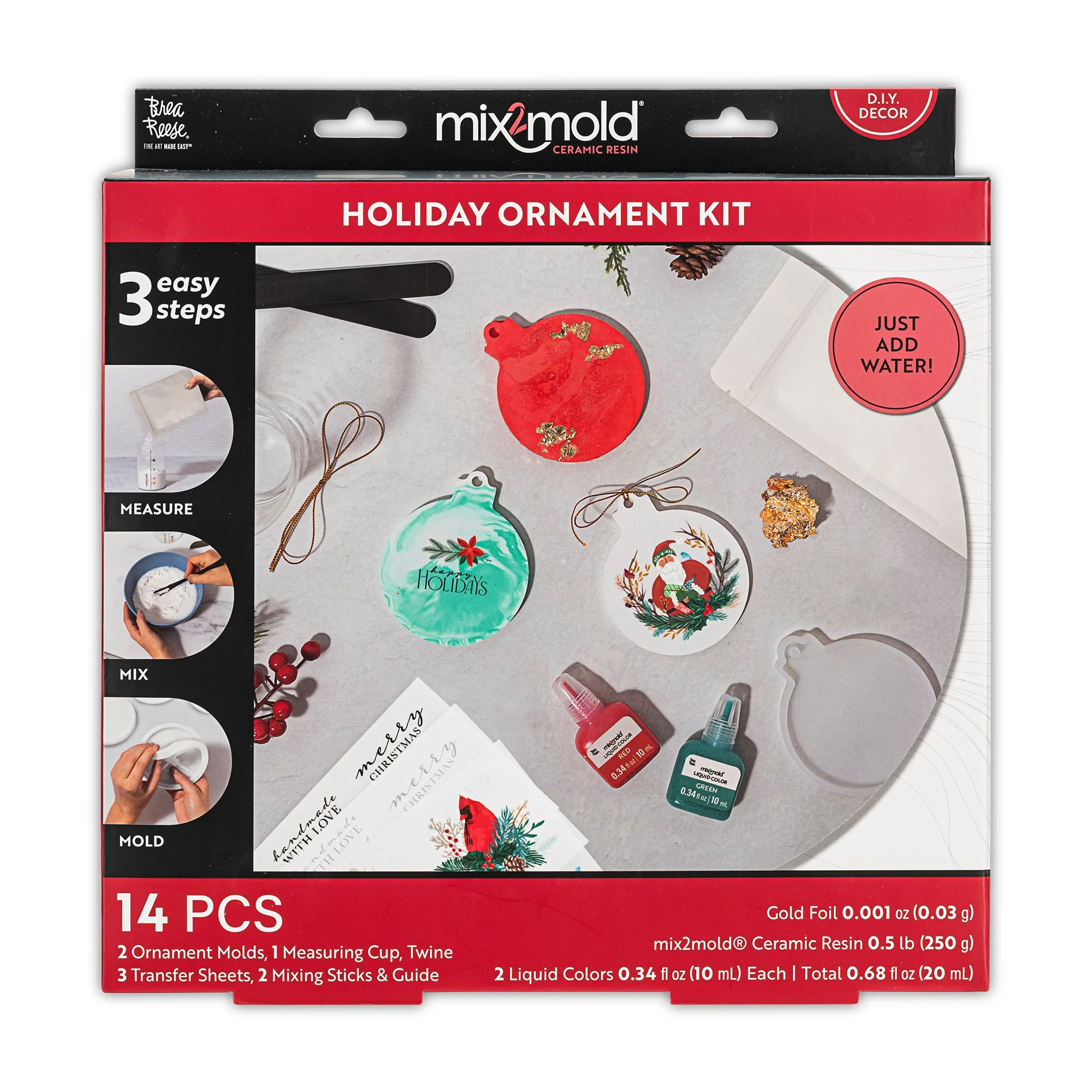 Holiday ornament kit with ceramic resin, including ornament molds, measuring cup, twine, transfer sheets, mixing sticks, and liquid colors with festive Christmas designs and colors.