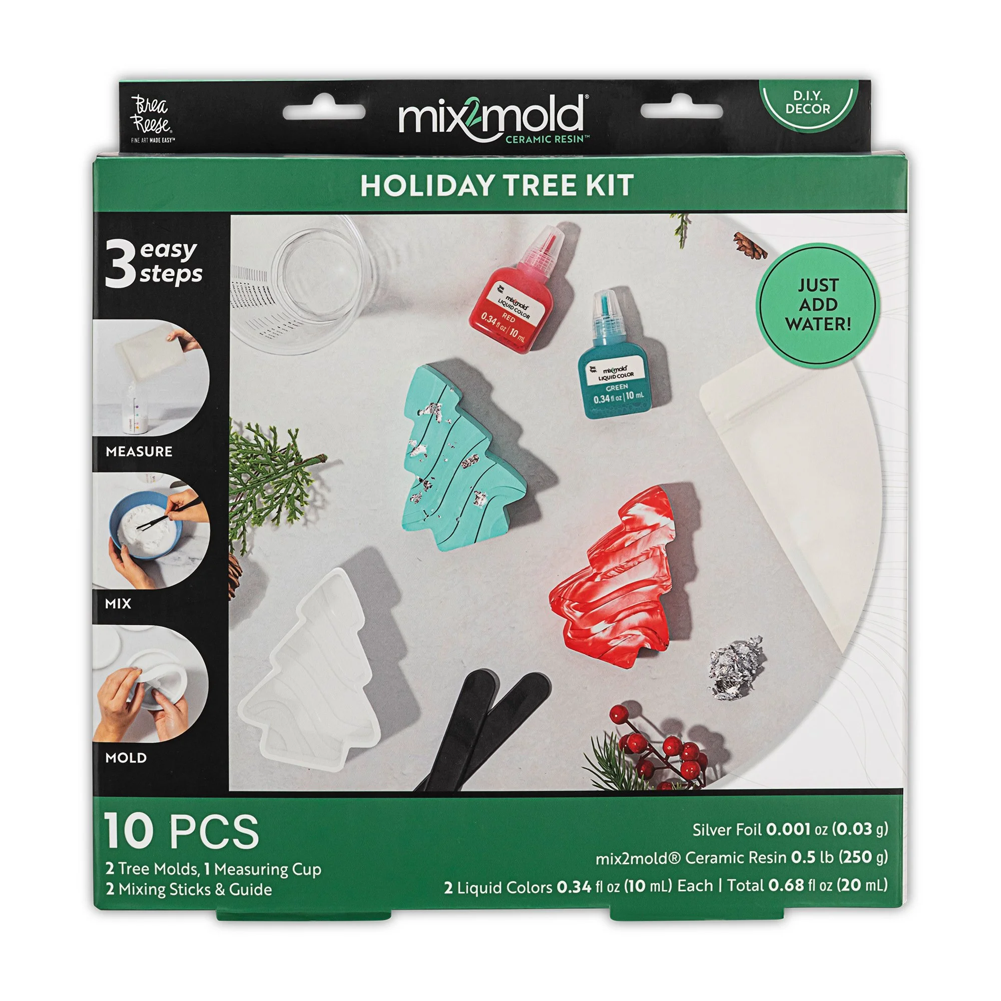 Packaging of Mix2Mold ceramic resin holiday tree kit with red and green liquid color bottles and tree molds.