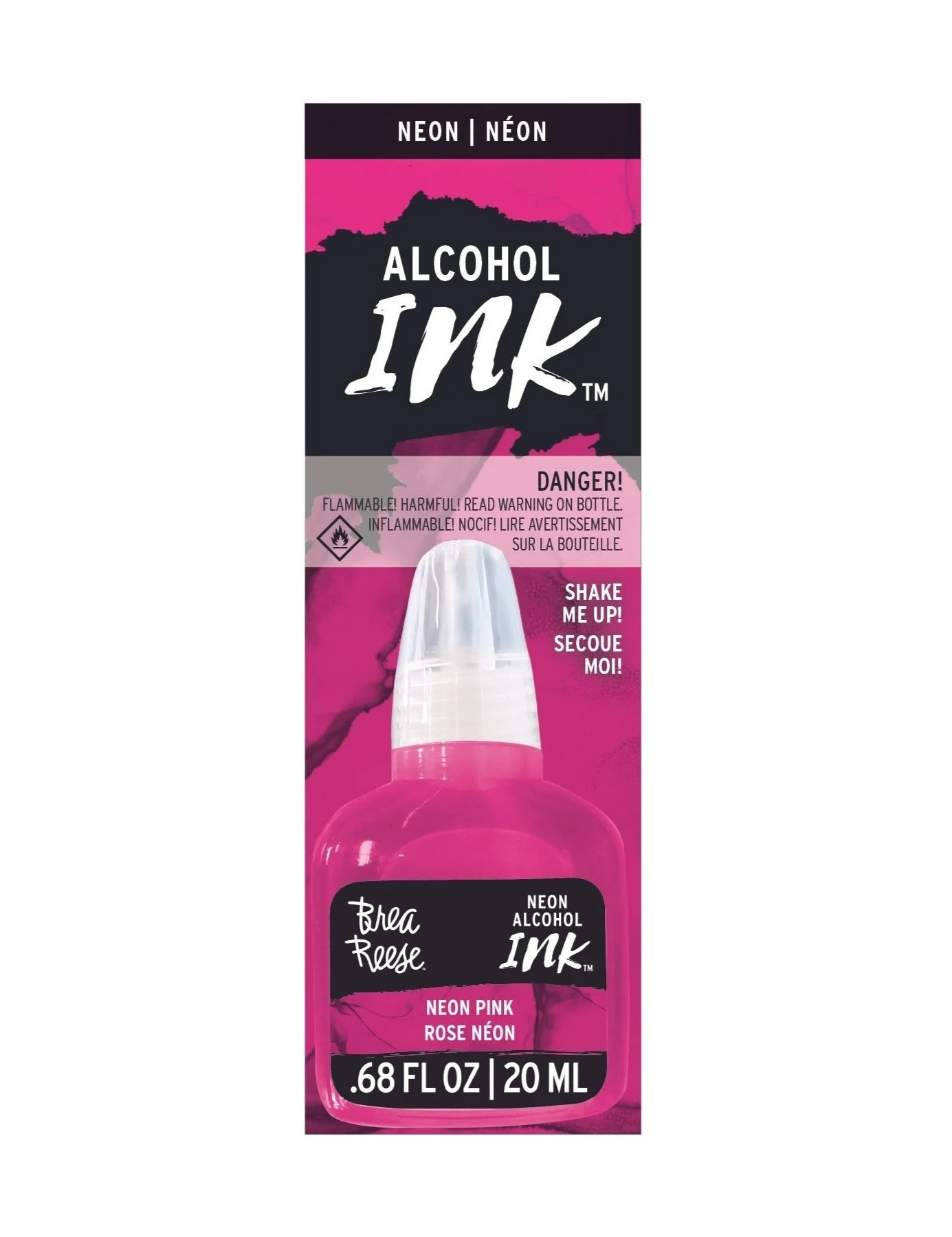 A package of Boozi Rose Neon Pink alcohol ink with a pink bottle and a clear cap, labeled with warnings and instructions.