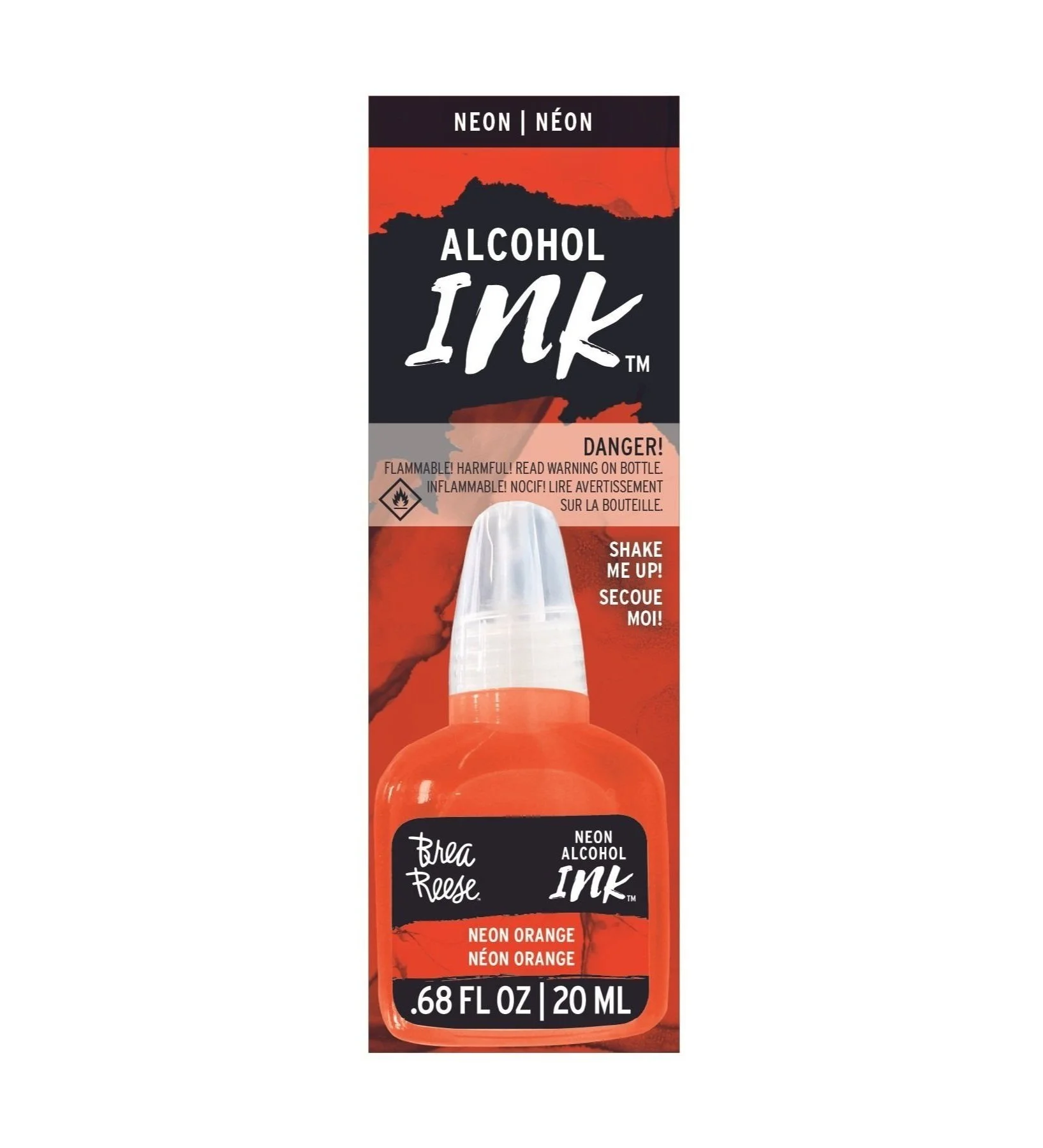 A bottle of Brea Reese Neon Alcohol Ink in Neon Orange with a cap, displayed on a packaging box that highlights the product's name and warning labels.