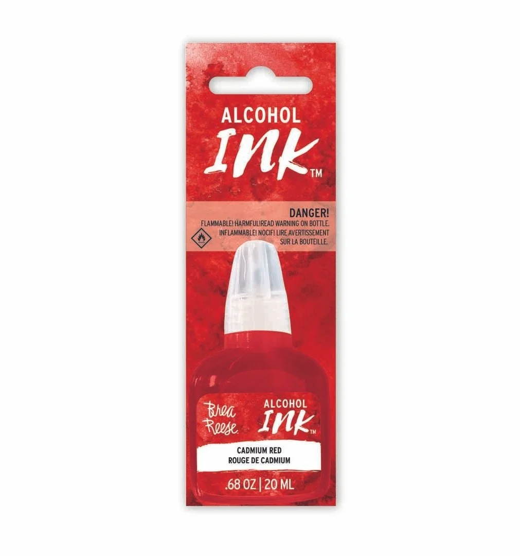 A bottle of alcohol ink labeled 'Brea Rose' in cadmium red color, with a warning label indicating flammability. The packaging is red with white text.